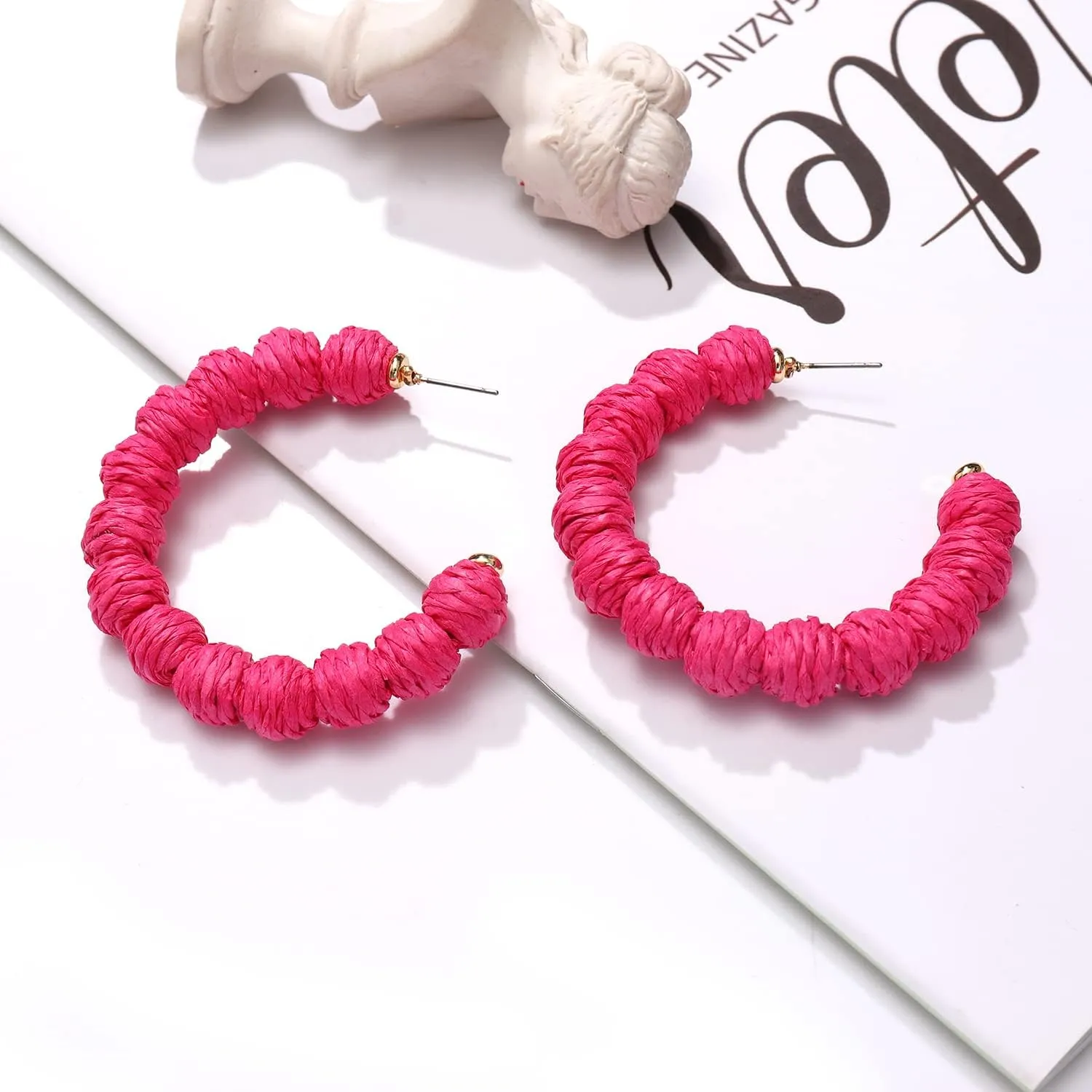 Raffia Earrings Boho Rattan Hoop Earrings for Women Summer Raffia Ball Large Circle Earrings Handmade Straw Wicker Earrings Beach Jewelry