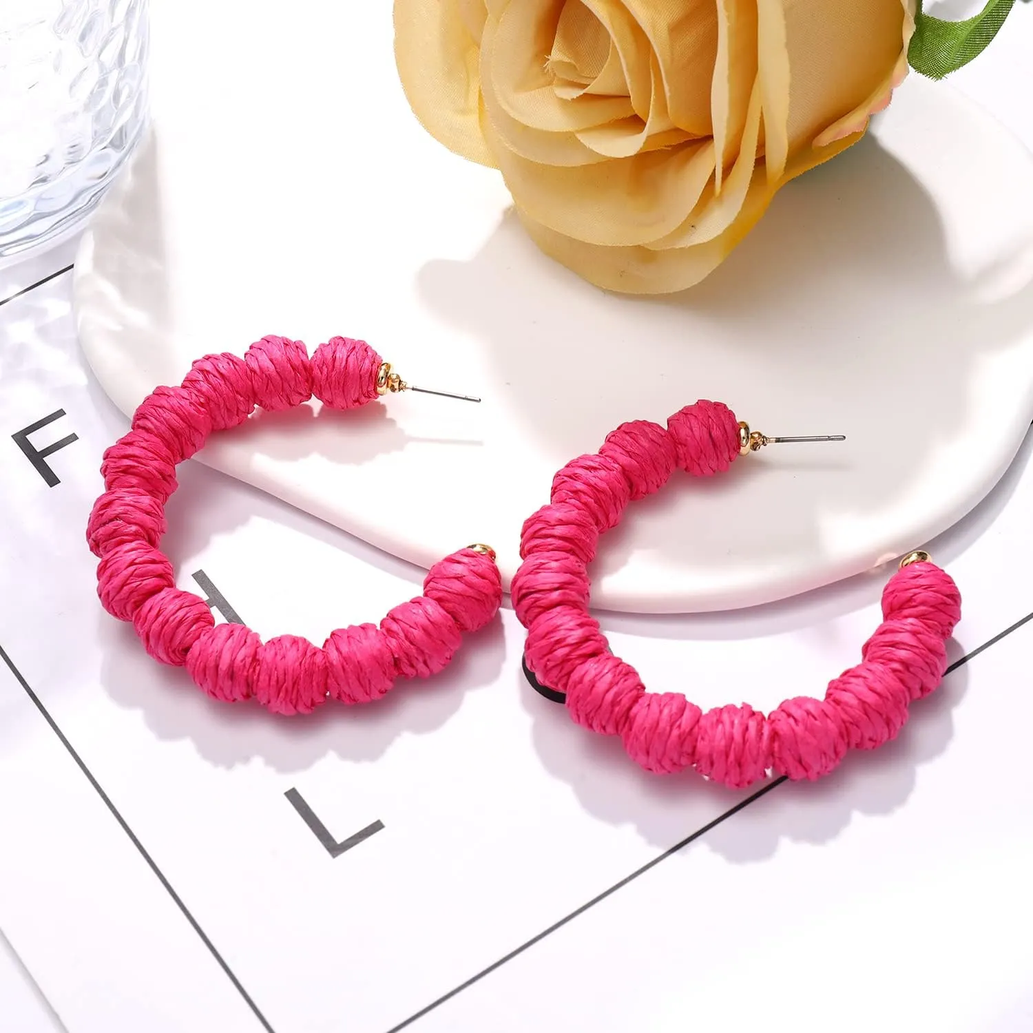 Raffia Earrings Boho Rattan Hoop Earrings for Women Summer Raffia Ball Large Circle Earrings Handmade Straw Wicker Earrings Beach Jewelry