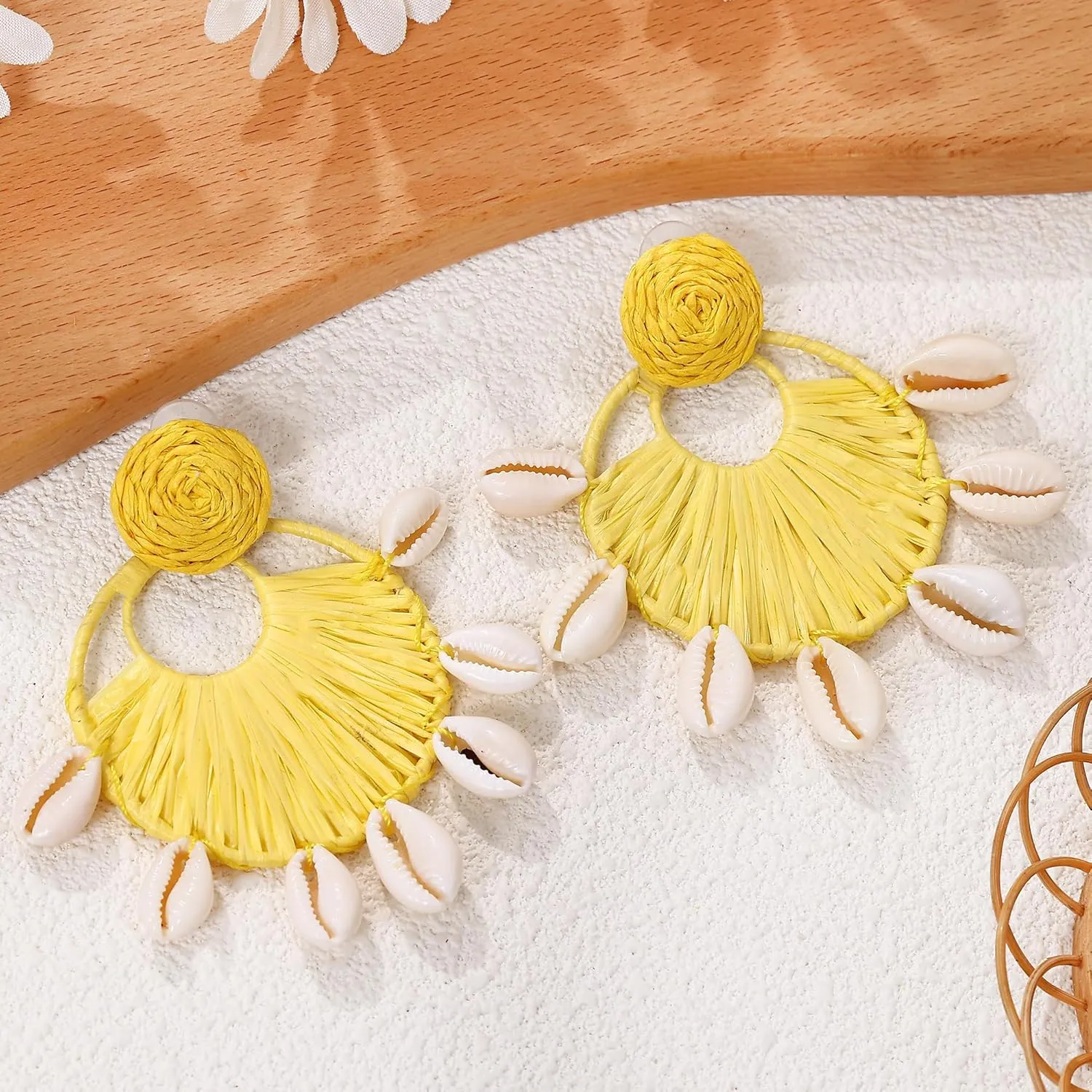 Raffia Floral Earrings, Dangling Statement Spring Summer Macrame Woven Colorful Wicker Lightweight Tropical Beachy Vacation Drop Dangle Earrings Jewelry Handmade Accessories