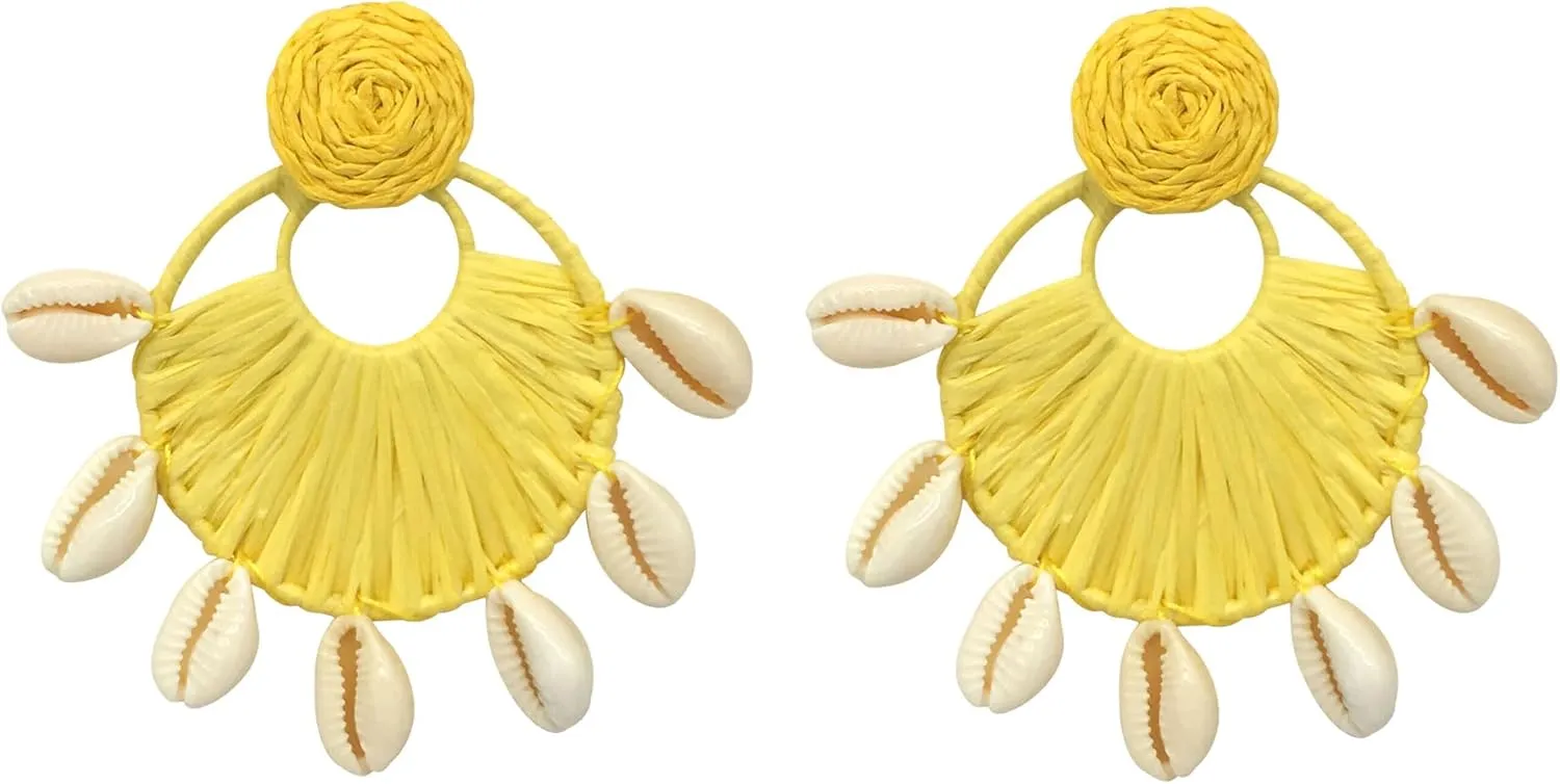 Raffia Floral Earrings, Dangling Statement Spring Summer Macrame Woven Colorful Wicker Lightweight Tropical Beachy Vacation Drop Dangle Earrings Jewelry Handmade Accessories