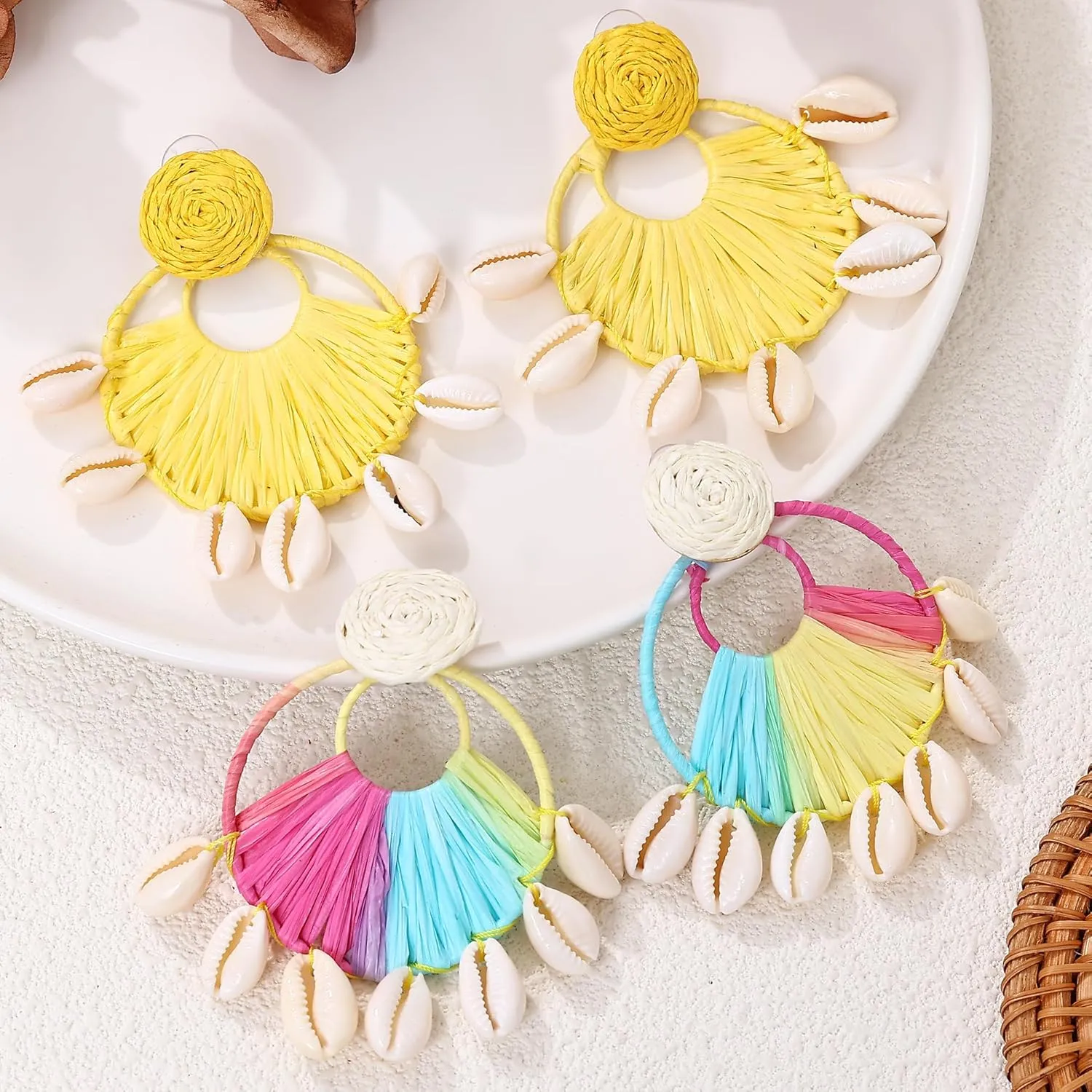 Raffia Floral Earrings, Dangling Statement Spring Summer Macrame Woven Colorful Wicker Lightweight Tropical Beachy Vacation Drop Dangle Earrings Jewelry Handmade Accessories