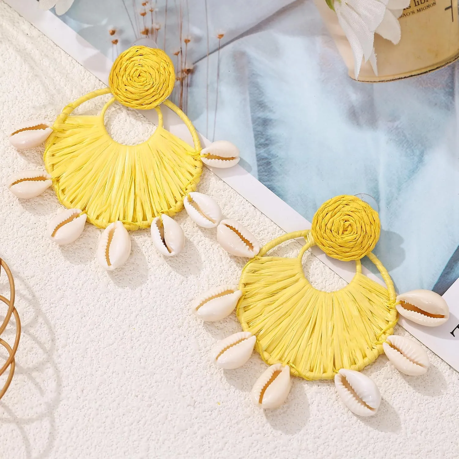 Raffia Floral Earrings, Dangling Statement Spring Summer Macrame Woven Colorful Wicker Lightweight Tropical Beachy Vacation Drop Dangle Earrings Jewelry Handmade Accessories