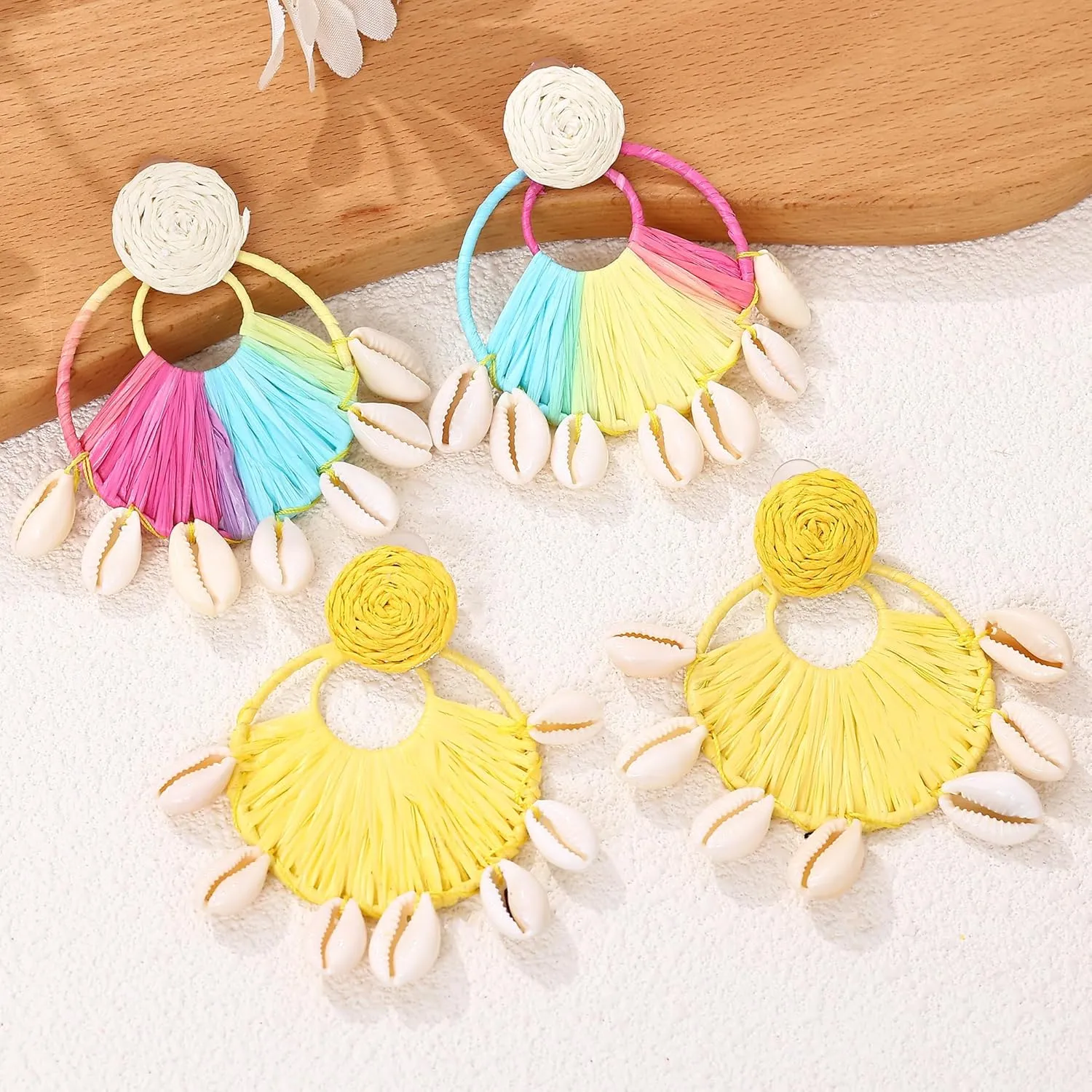 Raffia Floral Earrings, Dangling Statement Spring Summer Macrame Woven Colorful Wicker Lightweight Tropical Beachy Vacation Drop Dangle Earrings Jewelry Handmade Accessories