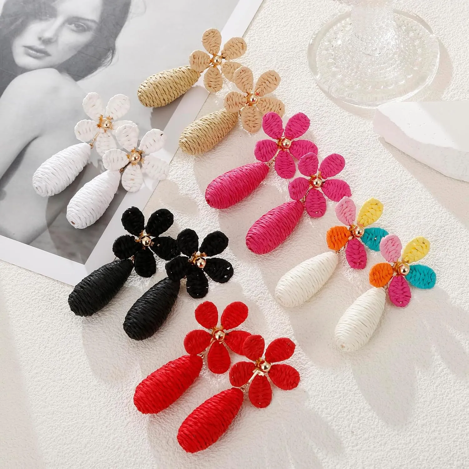 Raffia Flower Pendant Earrings, Handmade Floral Raffia Statement Drop Dangle Earrings Summer Tropical Beach Jewelry