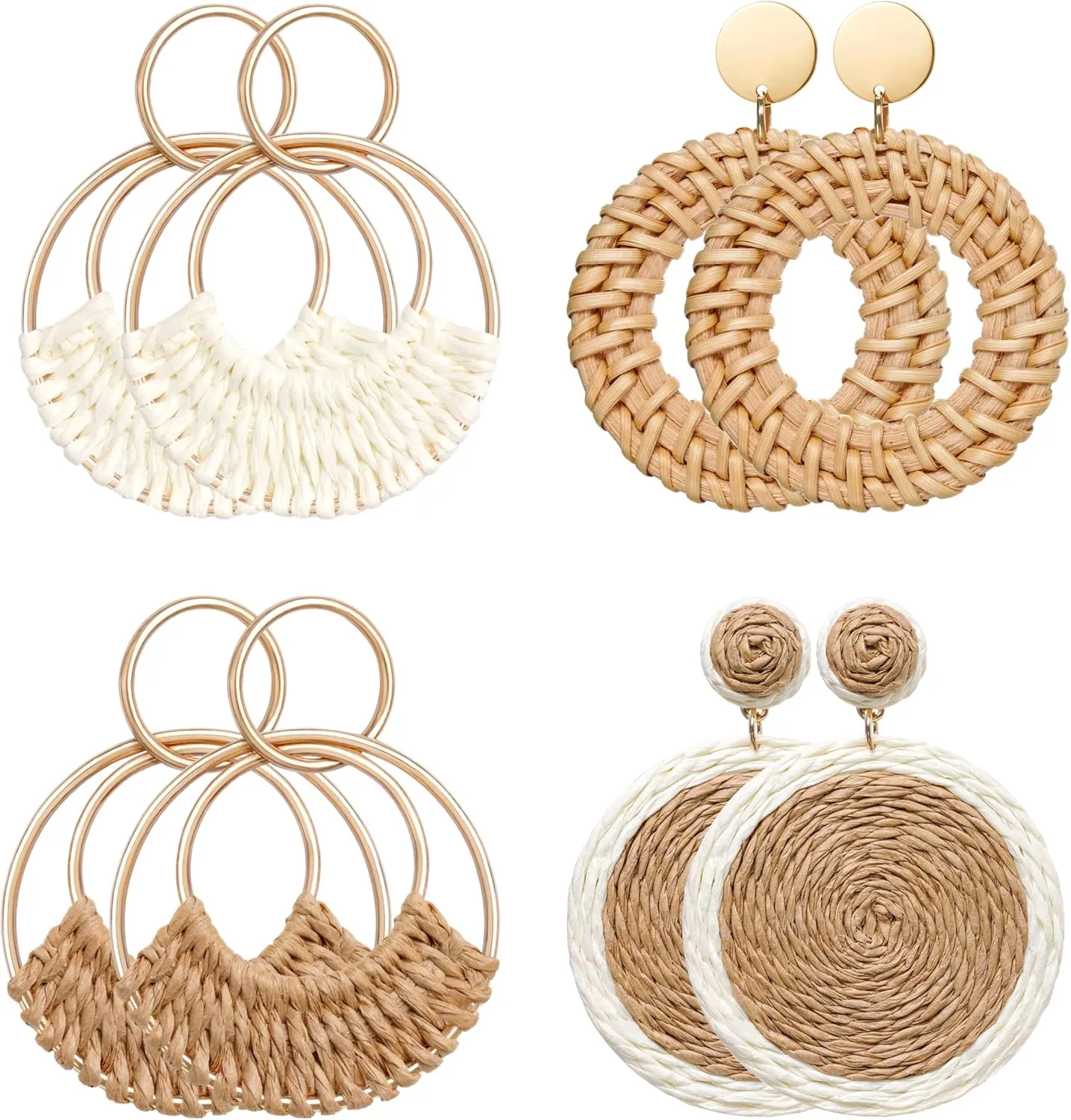 Raffia Hoop Earrings for Women Fun Boho Summer Beach Earrings Lightweight Handmade Straw Wicker Rattan Dangle Earrings Statement Geometric Round Drop Earrings