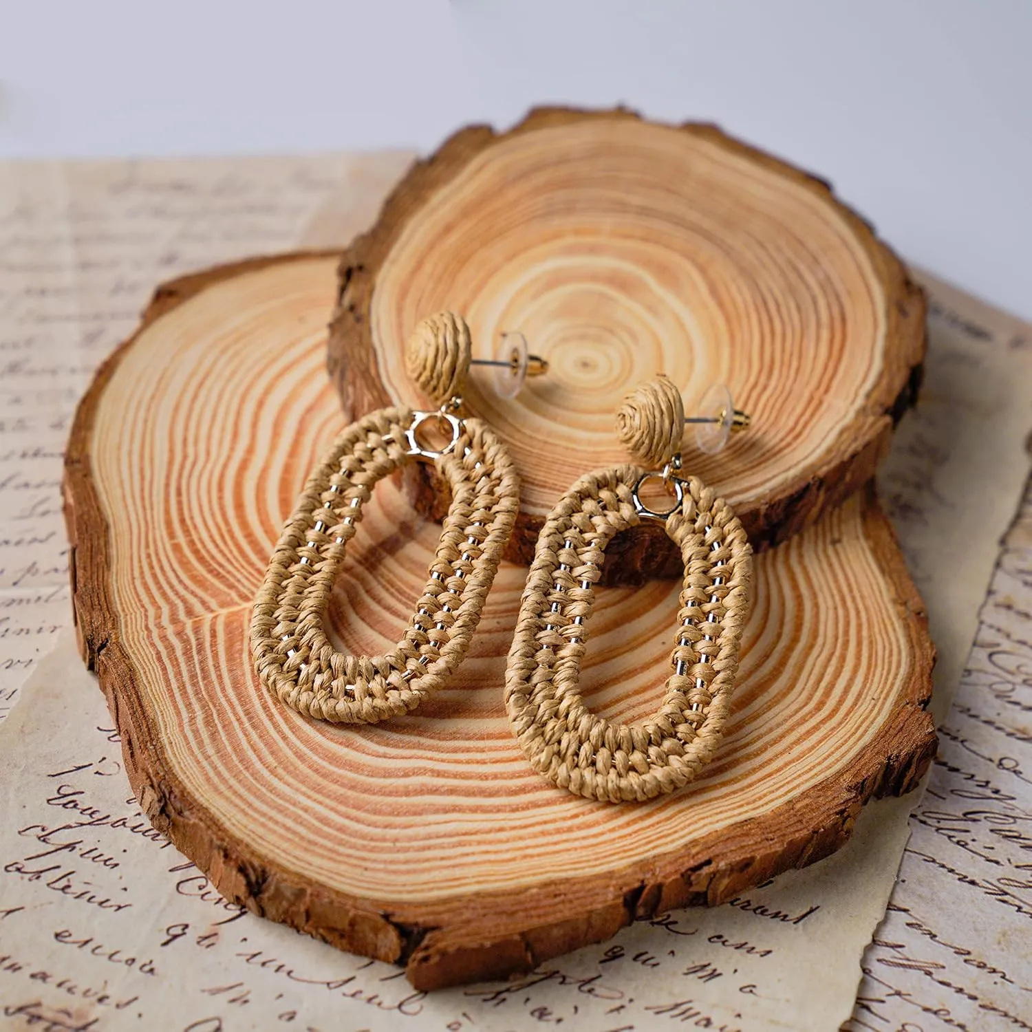 Raffia Oval Earrings for Women - Boho Woven Rattan Earrings for Summer Beach - Tropical Vacation Earrings