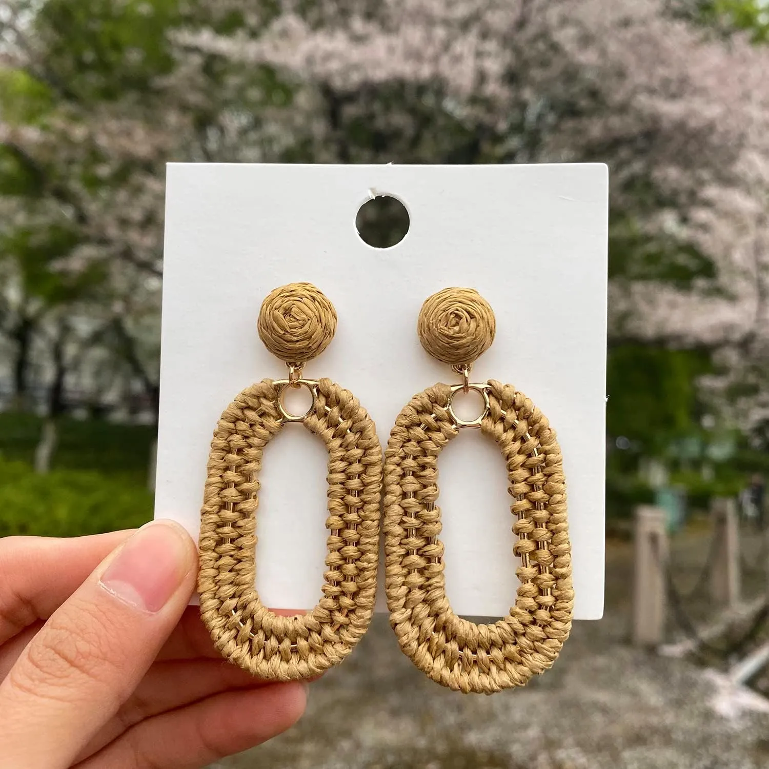 Raffia Oval Earrings for Women - Boho Woven Rattan Earrings for Summer Beach - Tropical Vacation Earrings