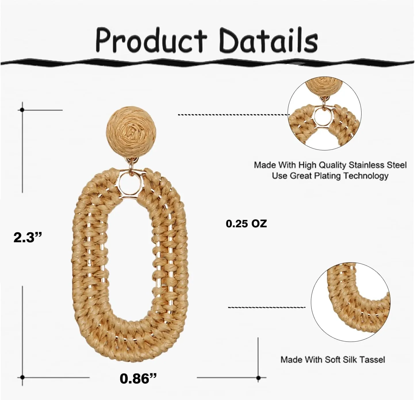Raffia Oval Earrings for Women - Boho Woven Rattan Earrings for Summer Beach - Tropical Vacation Earrings