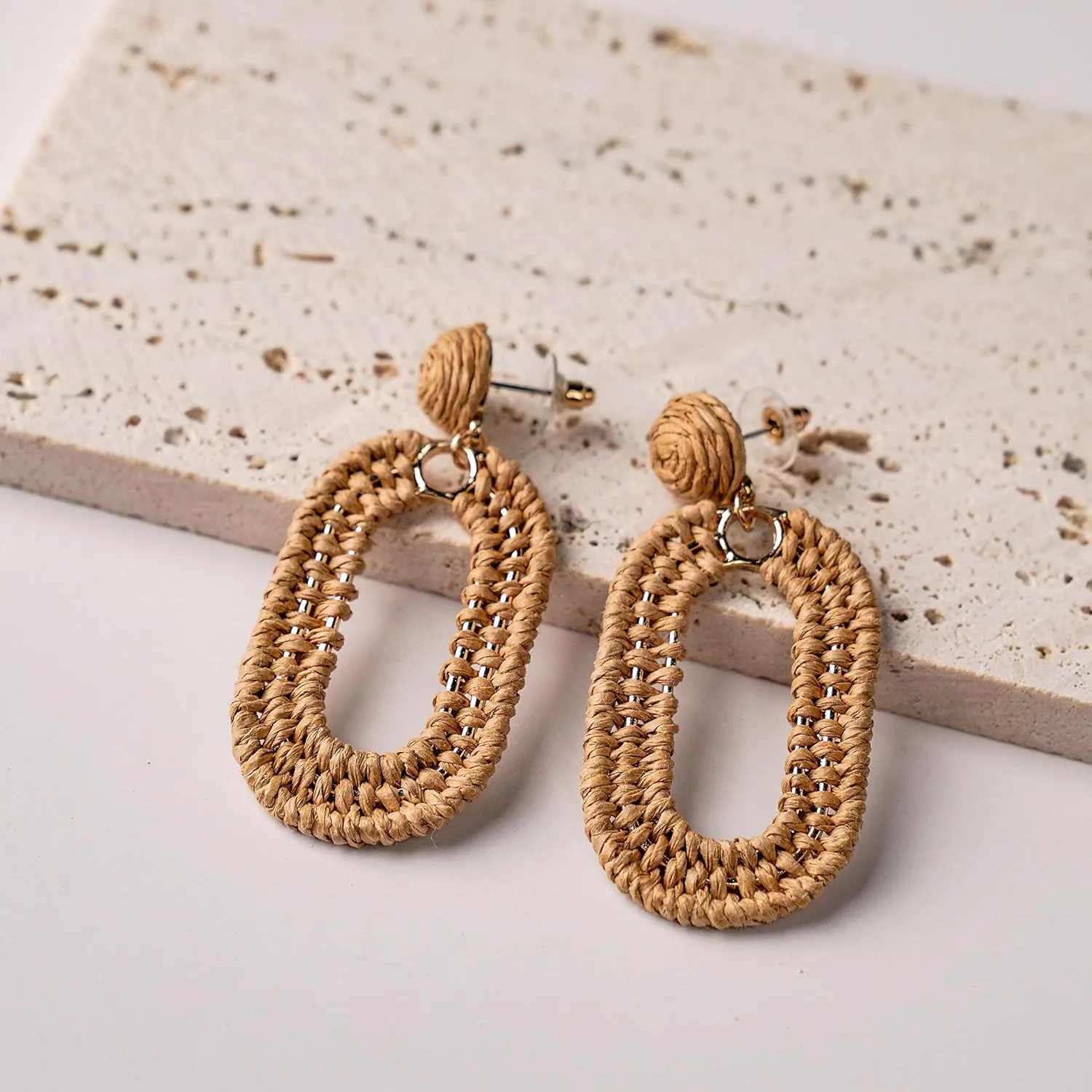 Raffia Oval Earrings for Women - Boho Woven Rattan Earrings for Summer Beach - Tropical Vacation Earrings