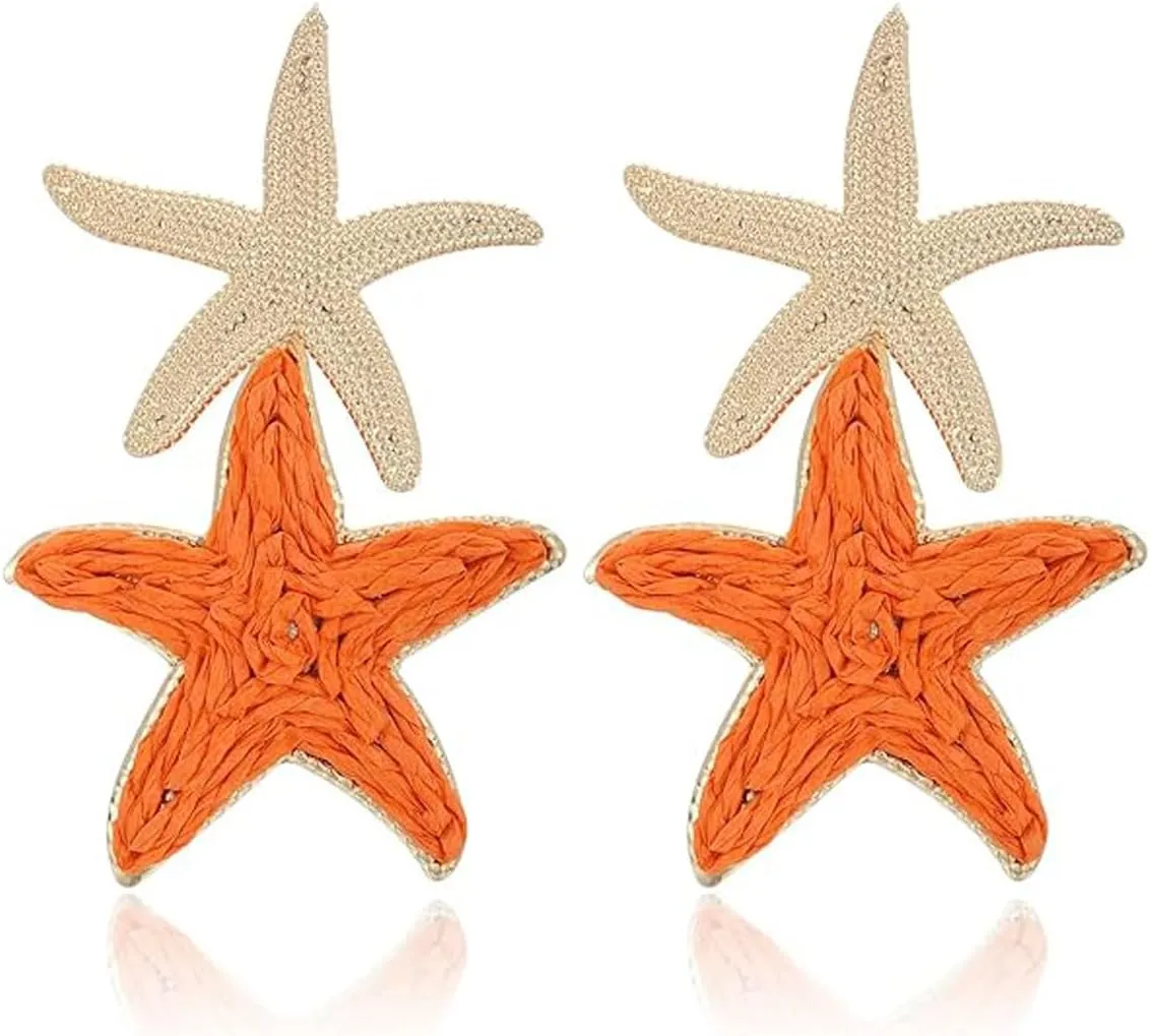 Raffia Starfish Earrings for Women Gold White Starfish Dangle Earrings Raffia Straw Statement Drop Earring Boho Summer Tropical Vacation Earring Beach Jewelry