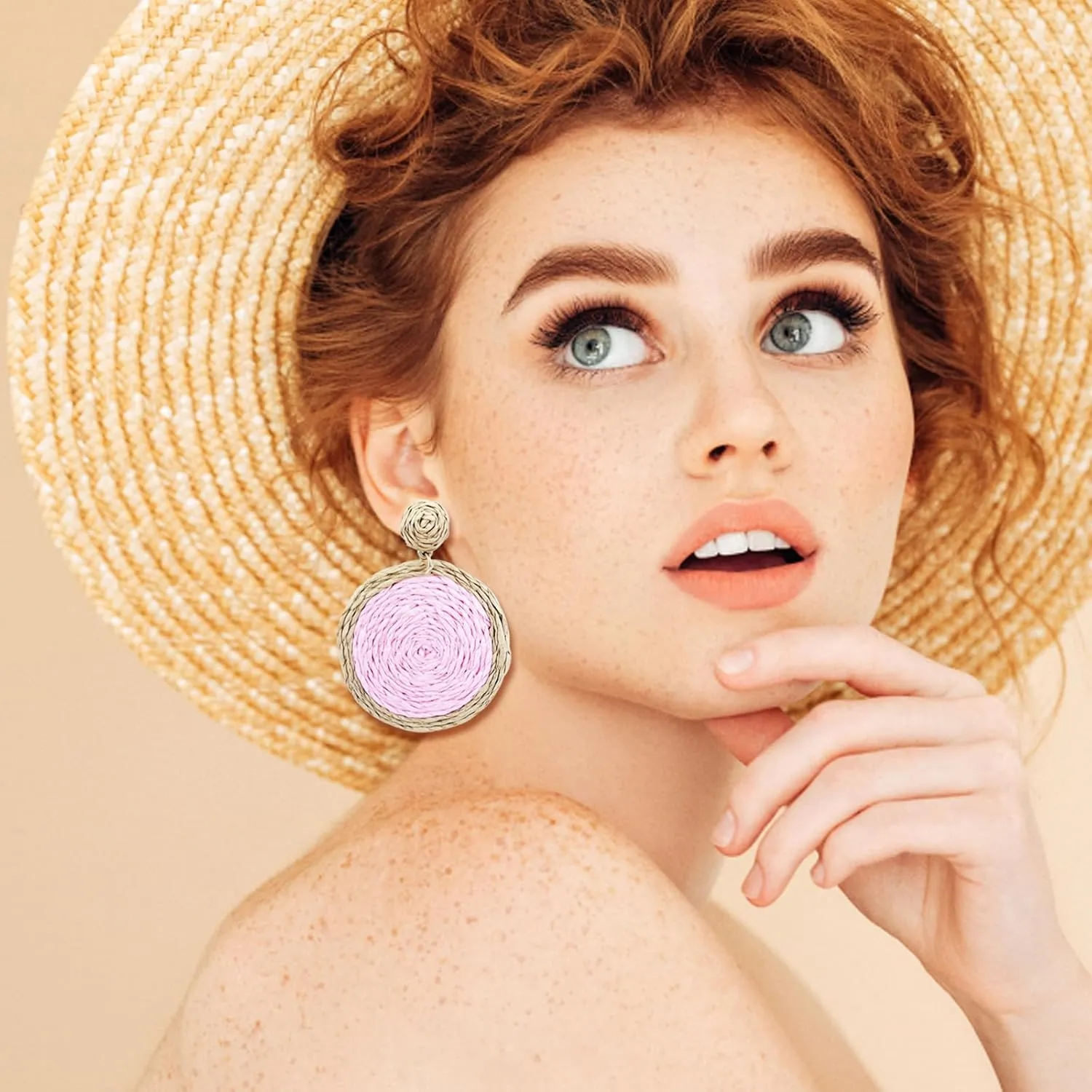 Raffia Statement Earrings for Women Round Geometric Ratten Drop Earrings Palm Bohemian Dangle Earrings Summer Tropical Beach Jewelry