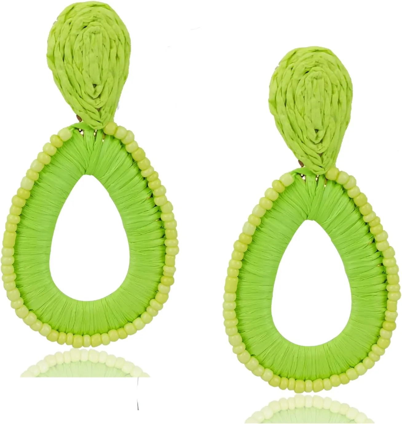 Raffia Teardrop Statement Earrings for Women Boho Beaded Ratten Drop Dangle Earrings Handwoven Palm Bohemian Earrings