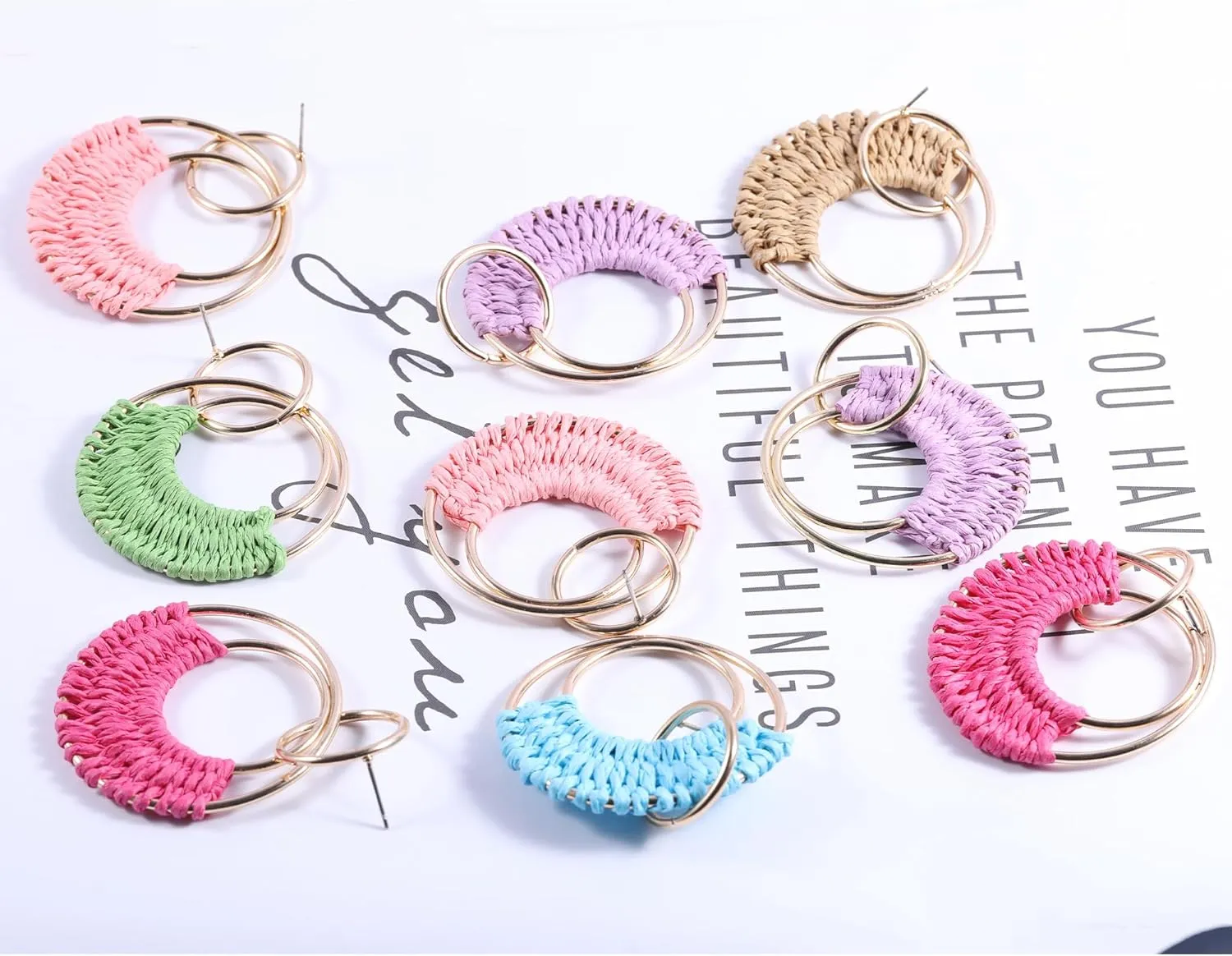 Rattan Earrings for WomenBoho Colorful Raffia Hoop Earrings Statement Round Drop Rainbow Earrings Beach Accessories Jewelry Gift for Women