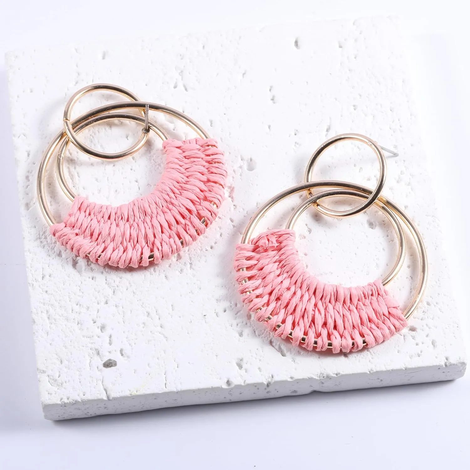 Rattan Earrings for WomenBoho Colorful Raffia Hoop Earrings Statement Round Drop Rainbow Earrings Beach Accessories Jewelry Gift for Women