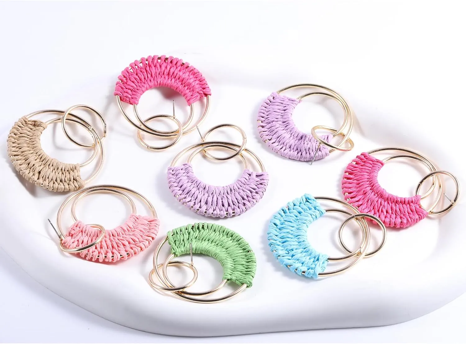 Rattan Earrings for WomenBoho Colorful Raffia Hoop Earrings Statement Round Drop Rainbow Earrings Beach Accessories Jewelry Gift for Women