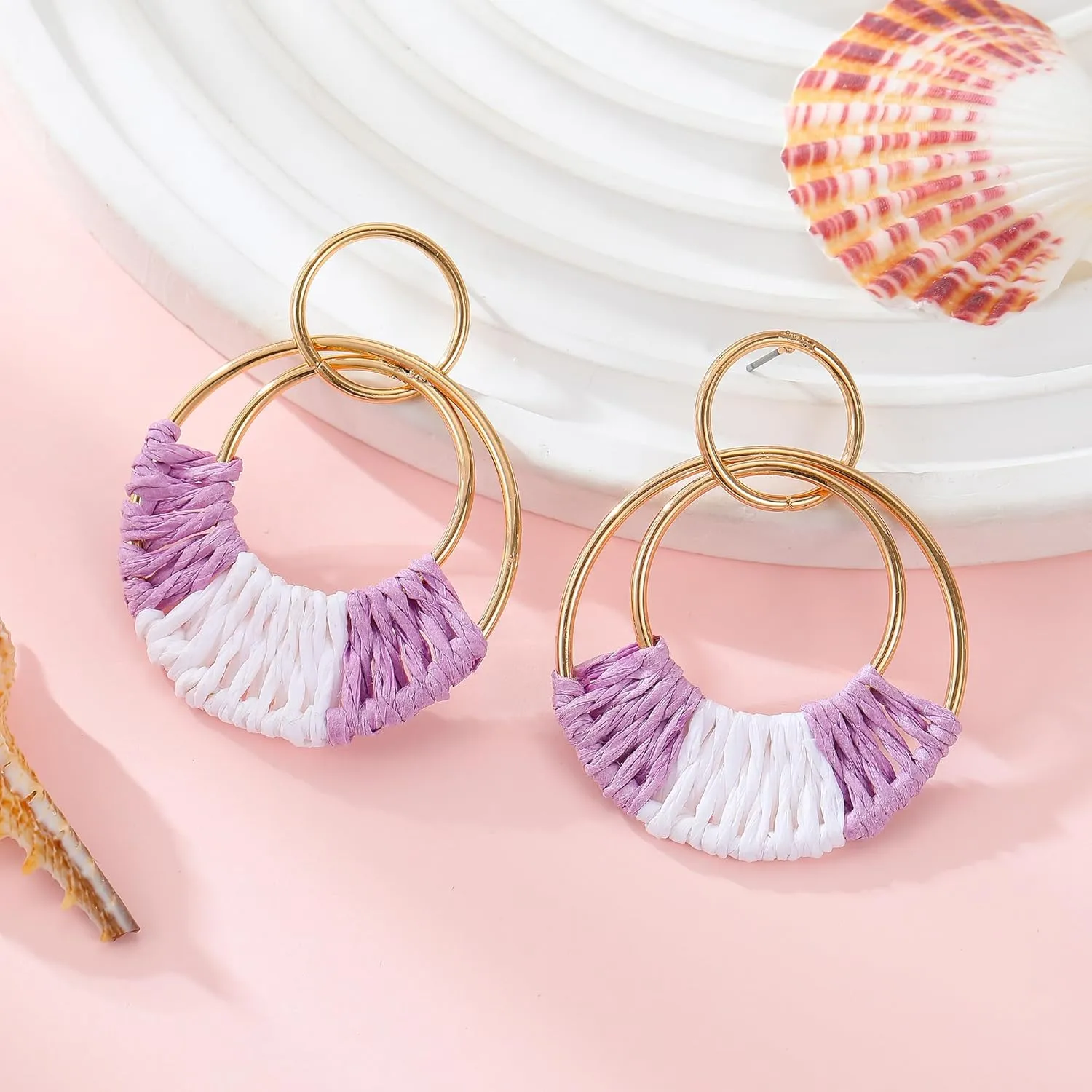 Rattan Weave Earrings Boho Summer Raffia Hoop Dangle Earrings for Women Bohemian Raffia Braid Straw Wicker Round Drop Earrings Lightweight Beach Party Statement Earrings Jewelry