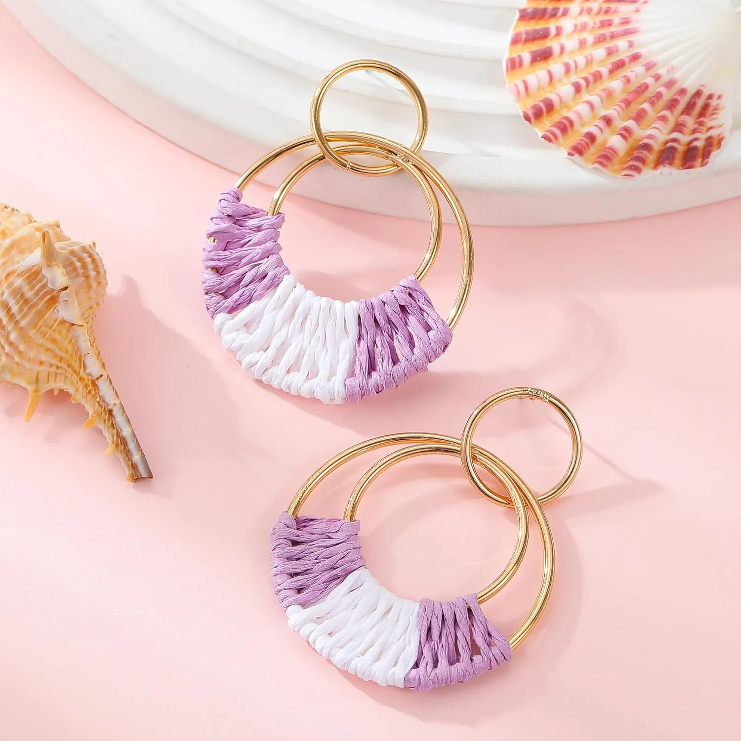 Rattan Weave Earrings Boho Summer Raffia Hoop Dangle Earrings for Women Bohemian Raffia Braid Straw Wicker Round Drop Earrings Lightweight Beach Party Statement Earrings Jewelry