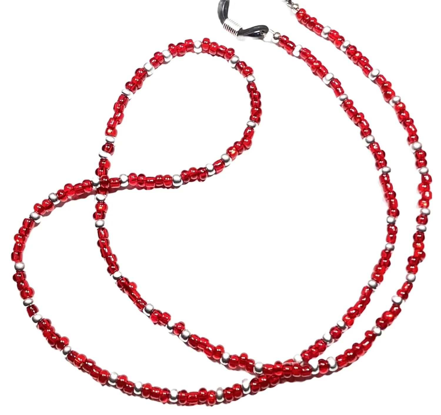 Red and Silver, Multi, Handmade Beaded Eyeglass Sunglass Chain Holder Leash, 28 Inches