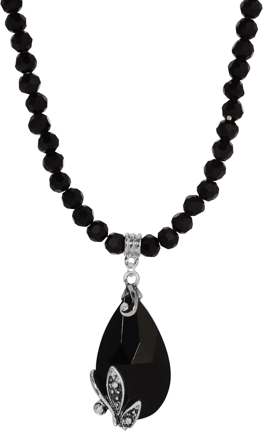 Regency Regal Jet Black Teardrop Crystal Pendant Glass Bead Strand Necklace For Women 15"   3" Extender, Romanticism Era Inspired Classic Jewelry For Women