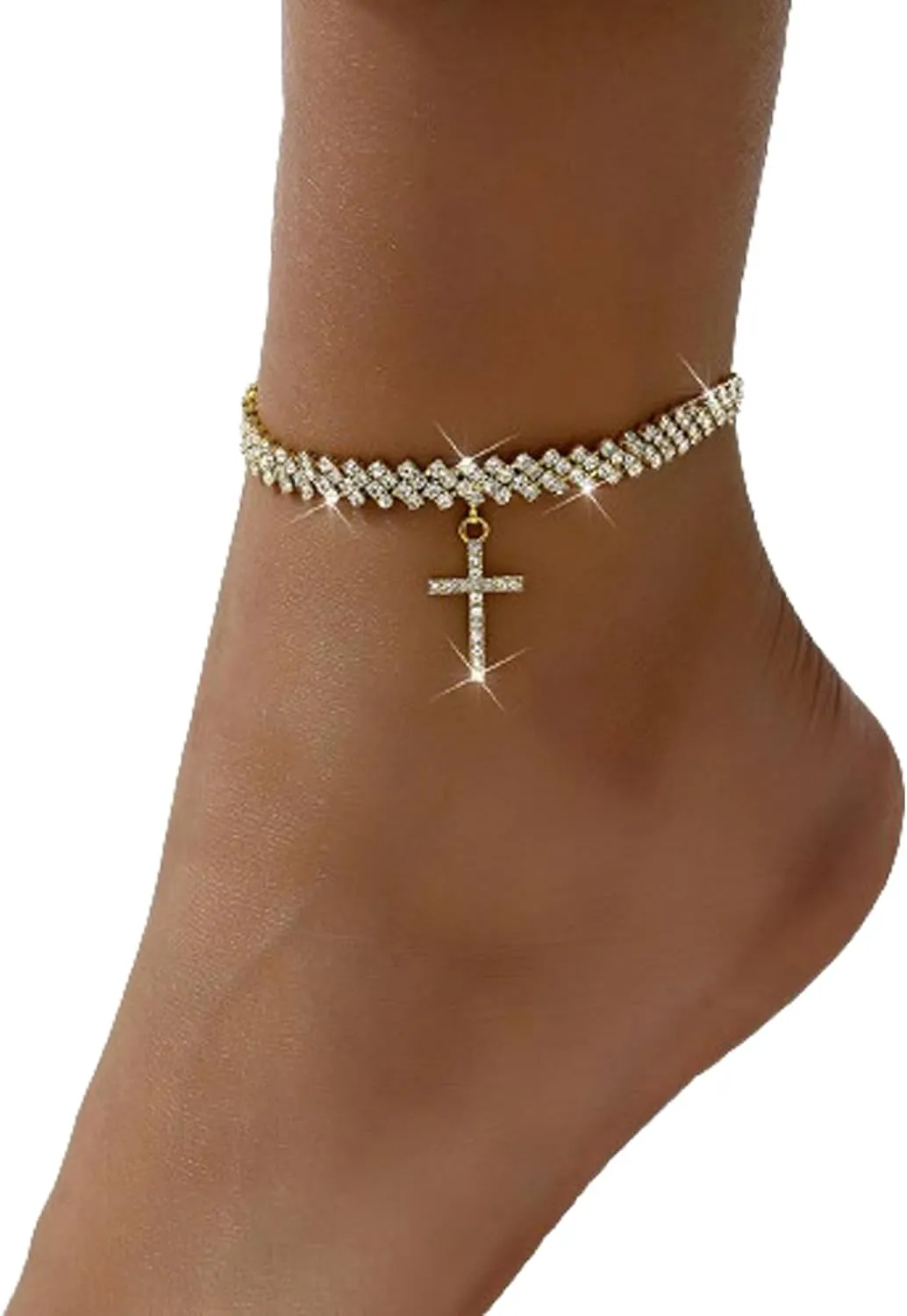 Rhinestone Chain Anklet Bracelet,Silver Crystal Cross Pendant Anklets,Summer Beach Gold Foot Chain,Crystal Bracelet,Rhinestone Leg Bracelet Jewelry