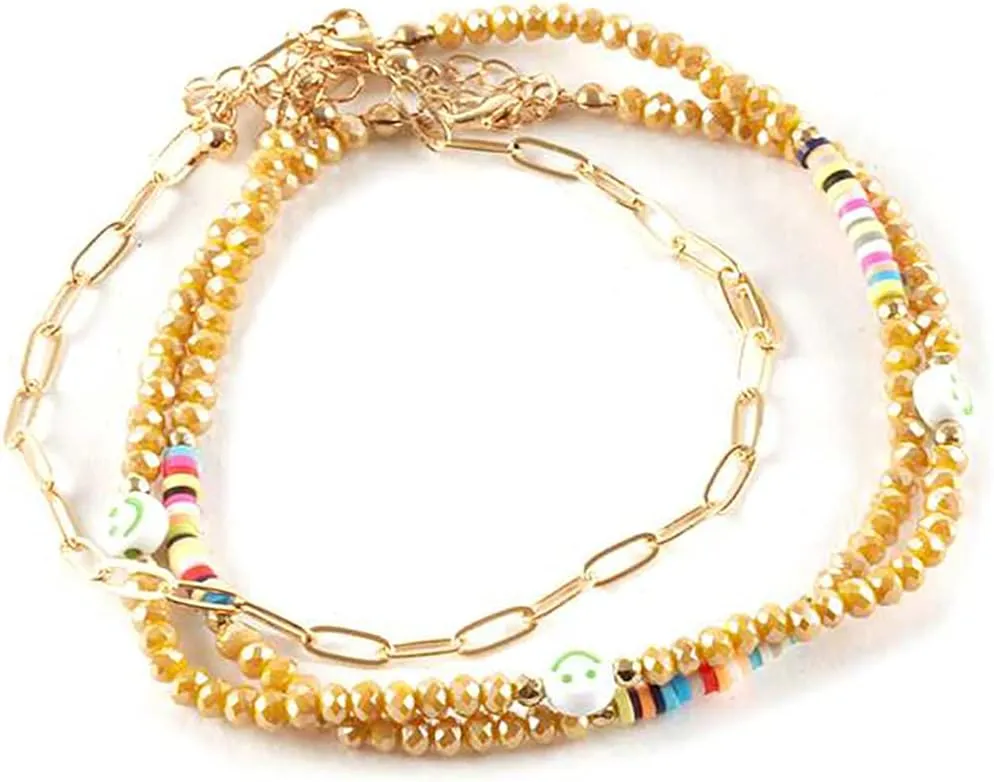 Rosemarie & Jubalee Women's Whimsical Anklet Set Of 3 Colorful Fimo Rings Faceted Crystal Beads Oblong Link Stacking Ankle Bracelet, 9.5" 1" Extender