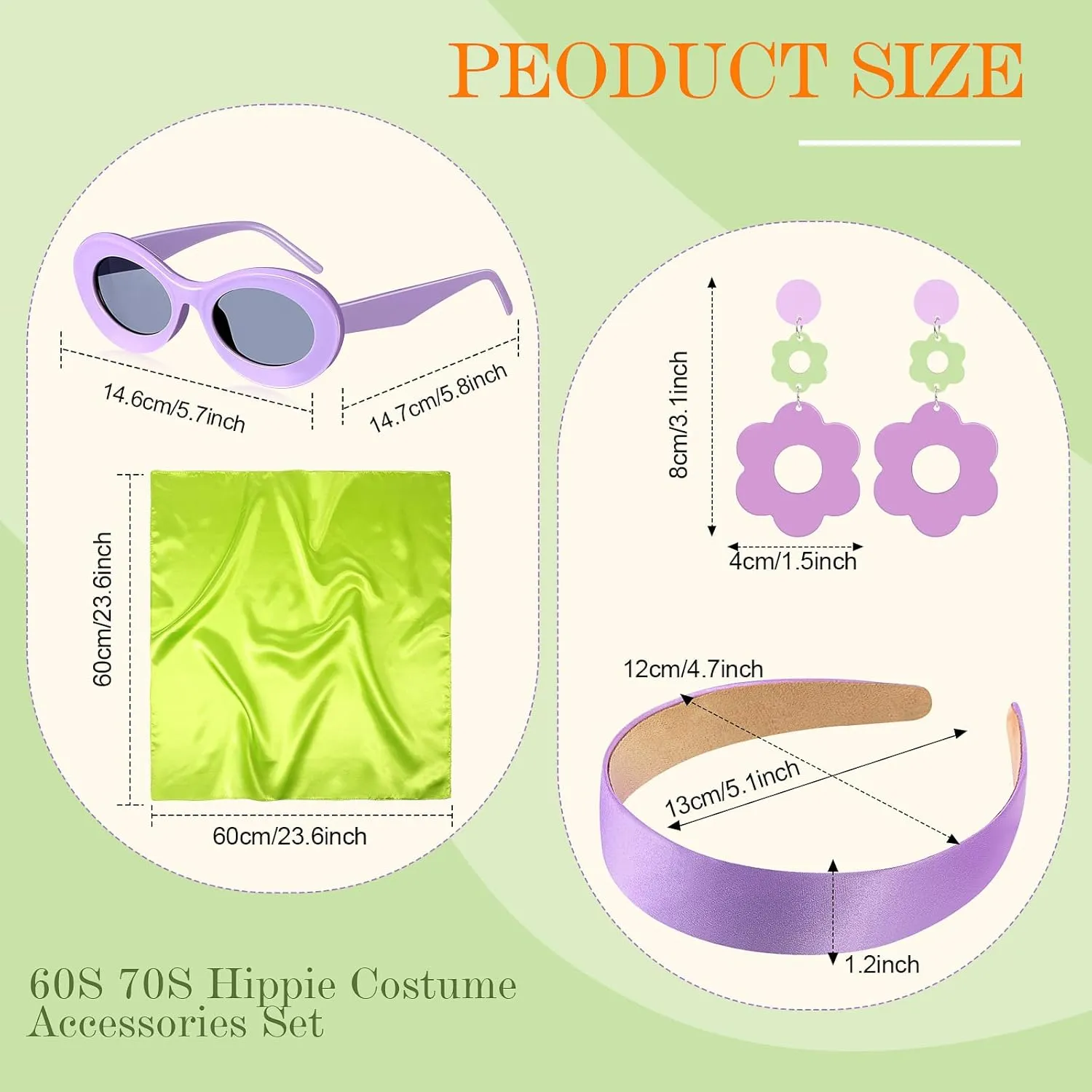 SATINIOR 4 Pcs 60s 70s Women Hippie Disco Costume Accessories Set Headband Dangle Earrings Sunglasses Silk Scarf