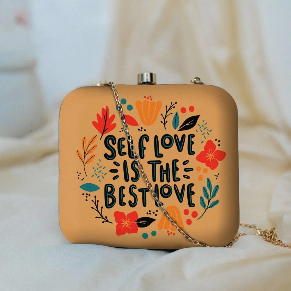 Self Love Is The Best Love Print Square Clutch Bags Formal Party Wedding Purses Cocktail Prom Casual Tote Handbags Clutch Box Bag with Detachable Chain Strap