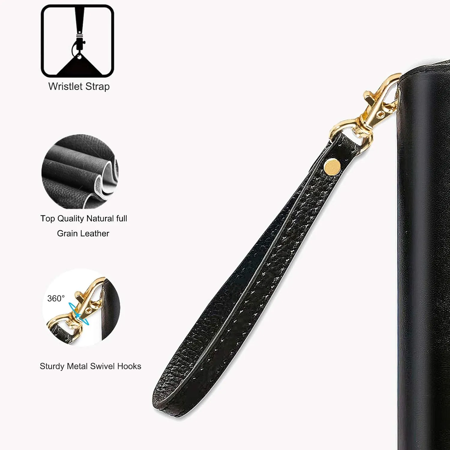 SeptCity Wristlet Strap, Genuine Leather KeyChain Hand wrist Strap for Clutch Wallet Cellphone Key with Golden Lock
