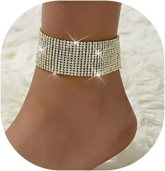 Shining Multi-layered Rhinestone Chain Anklet Bracelet,Silver Wedding Crystal Anklets,Summer Beach Gold Foot Chain,Rhinestone Leg Bracelet Jewelry