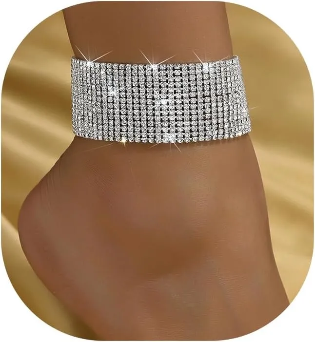 Shining Multi-layered Rhinestone Chain Anklet Bracelet,Silver Wedding Crystal Anklets,Summer Beach Gold Foot Chain,Rhinestone Leg Bracelet Jewelry