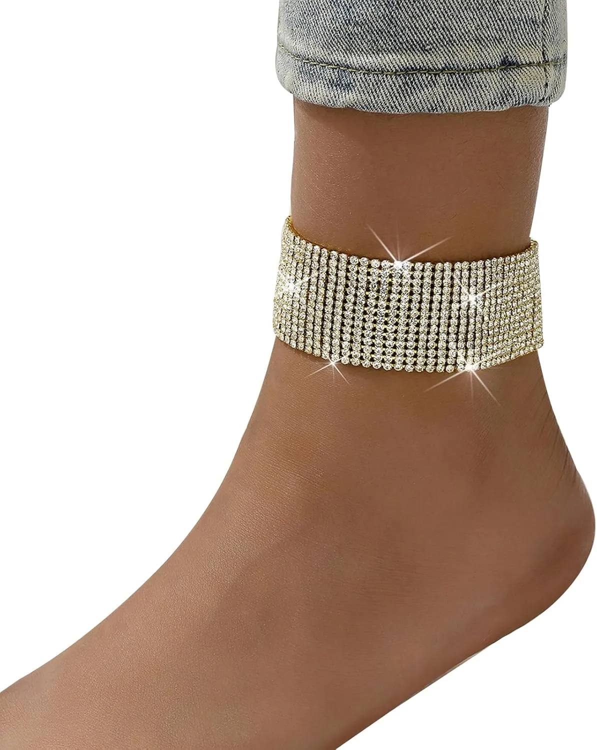 Shining Multi-layered Rhinestone Chain Anklet Bracelet,Silver Wedding Crystal Anklets,Summer Beach Gold Foot Chain,Rhinestone Leg Bracelet Jewelry