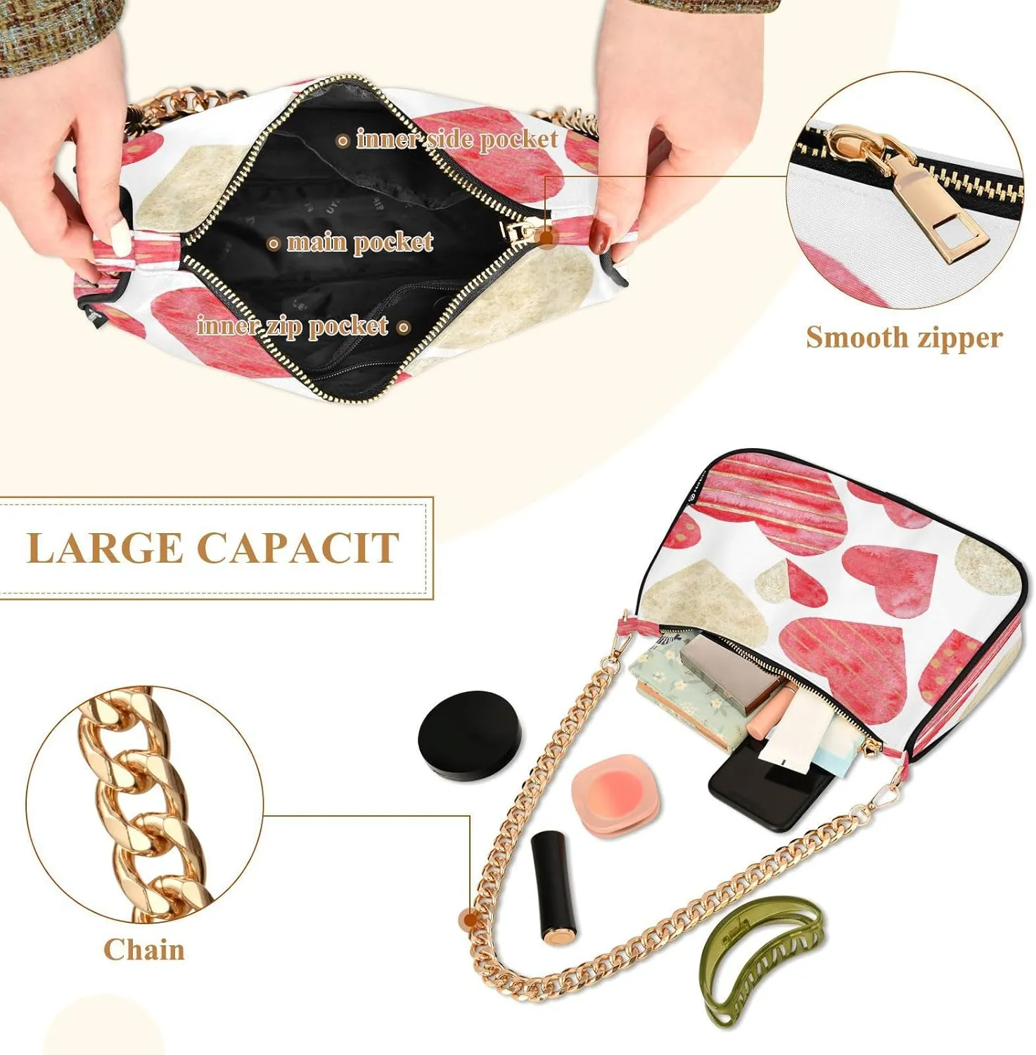 Shoulder Bag for Women Hobo Tote Handbag Gold Chain Crossbody Bag with Zipper Clutch Purse Handbags