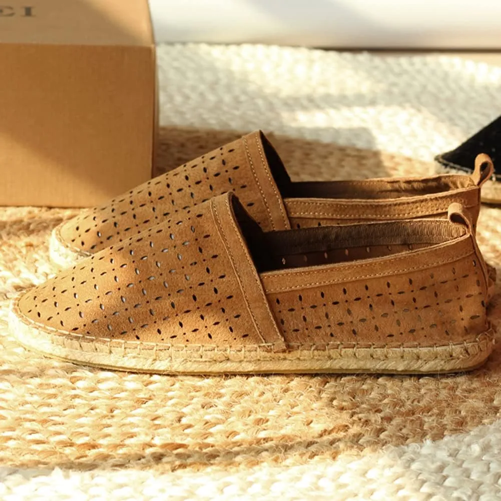 slippers Flip Flops,Men's Breathable Leather Shoes, Hollow Shoes Straw Woven Fisherman Shoes Leather Breathable Sandals