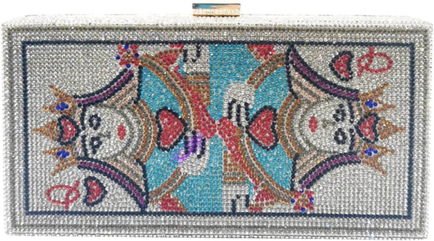 Sliver Crystal Evening Bags Rhinestone Poker Card Money Clutch Purses Handbags Crossbody with Detachable Chain