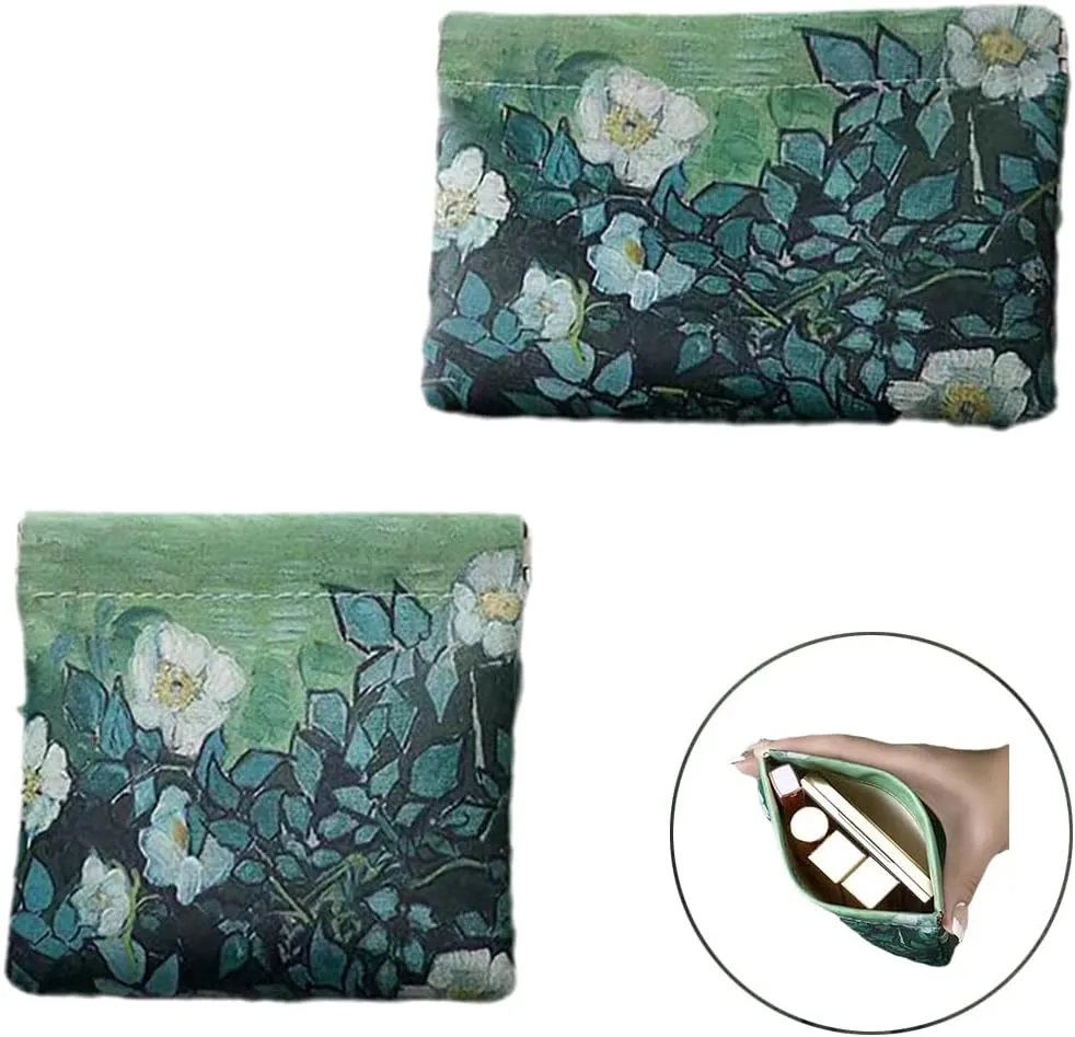 Snap Closure Organizer Pouch,Oil Paint Pattern Leather Big and Small Coin Pouch Holder Set,Portable No Zipper Self-Closing Pocket Cosmetic Bag Squeeze Top, (Roses in the Night)