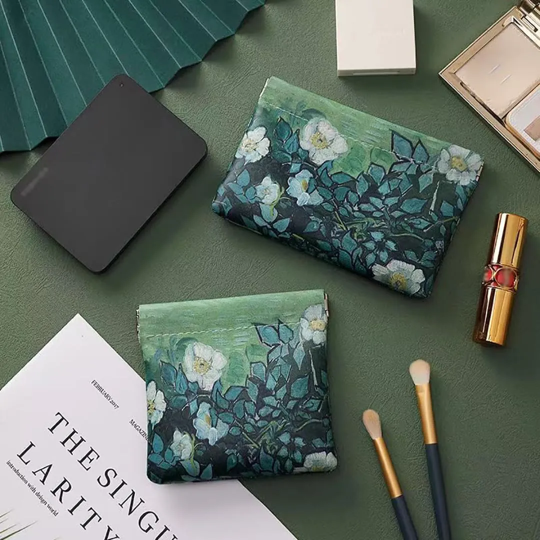 Snap Closure Organizer Pouch,Oil Paint Pattern Leather Big and Small Coin Pouch Holder Set,Portable No Zipper Self-Closing Pocket Cosmetic Bag Squeeze Top, (Roses in the Night)