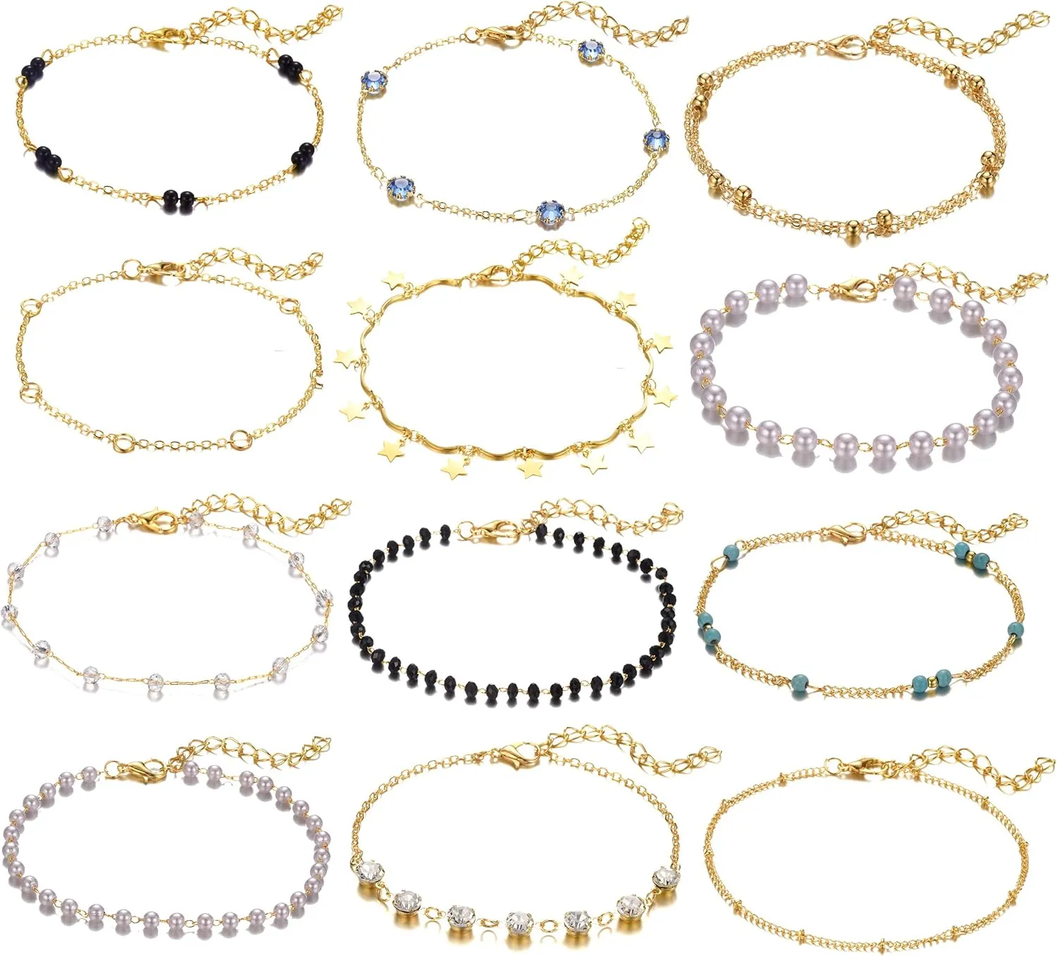 Softones 12Pcs Boho Silver Gold Small Beads Ankle Bracelets for Women Crystal Pearl Anklets Set for Women Adjustable Chain Beach Foot Jewelry