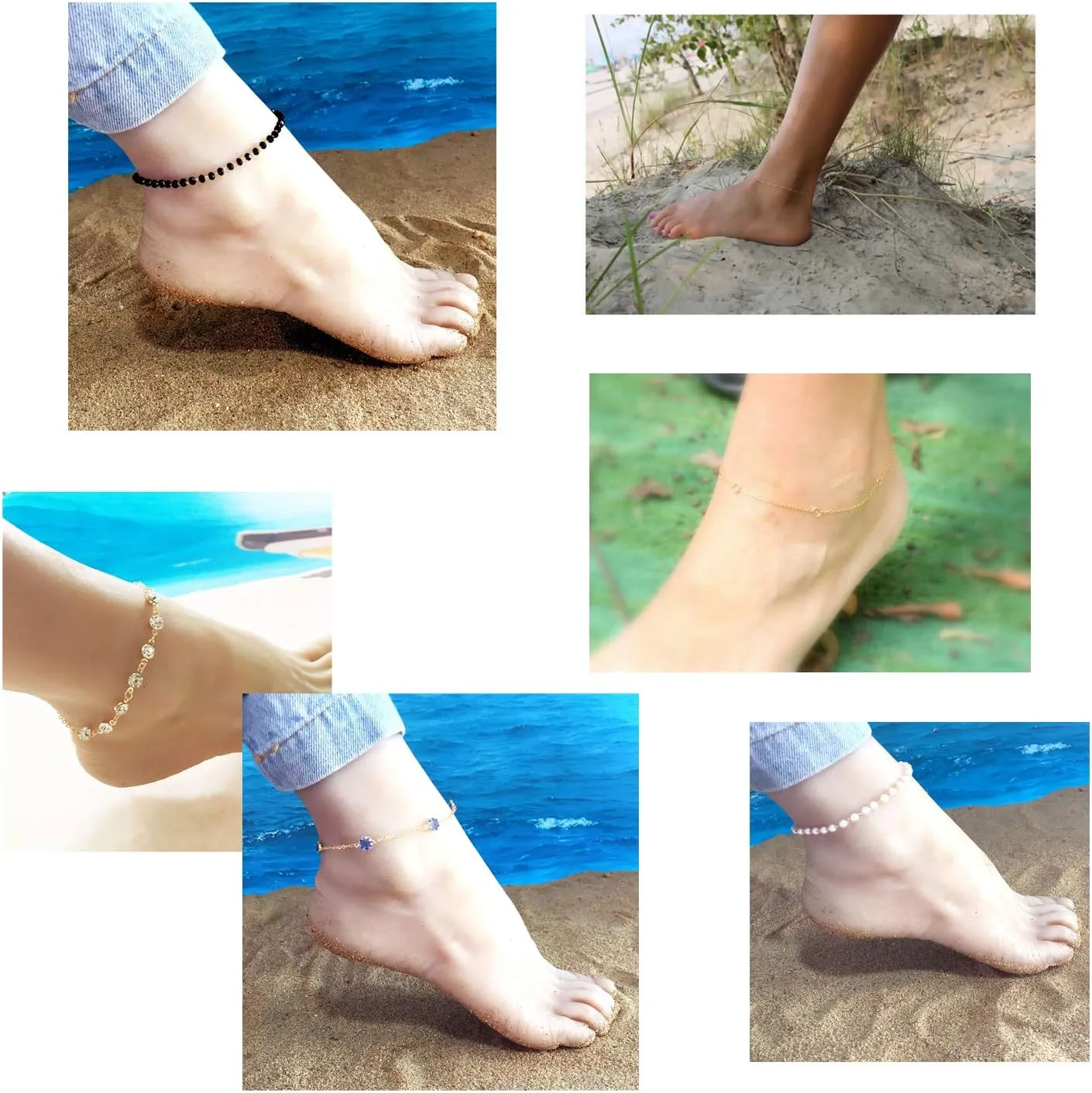 Softones 12Pcs Boho Silver Gold Small Beads Ankle Bracelets for Women Crystal Pearl Anklets Set for Women Adjustable Chain Beach Foot Jewelry
