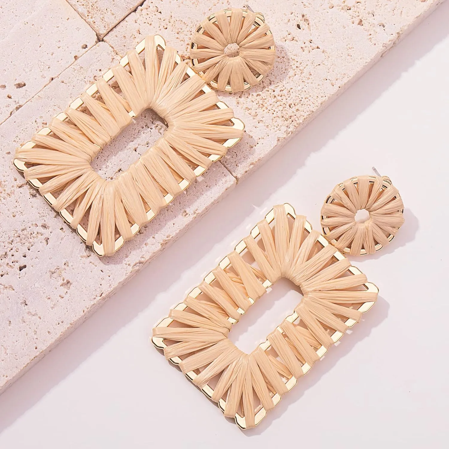 Statement Raffia Earrings Boho Square Drop Earrings Geometric Dangle Earrings for Women Gift Jewelry