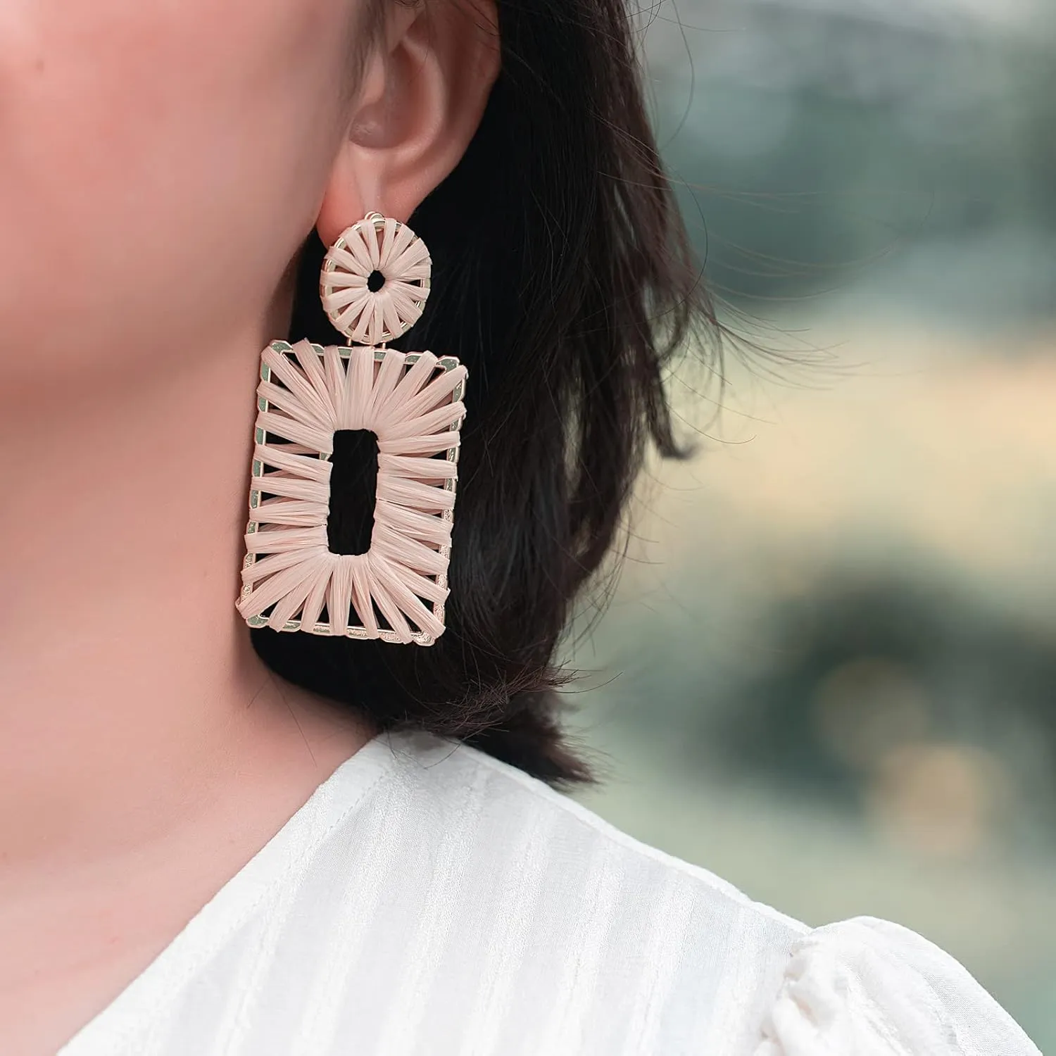 Statement Raffia Earrings Boho Square Drop Earrings Geometric Dangle Earrings for Women Gift Jewelry