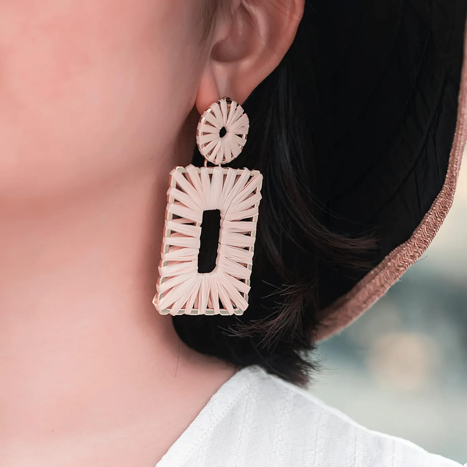 Statement Raffia Earrings Boho Square Drop Earrings Geometric Dangle Earrings for Women Gift Jewelry