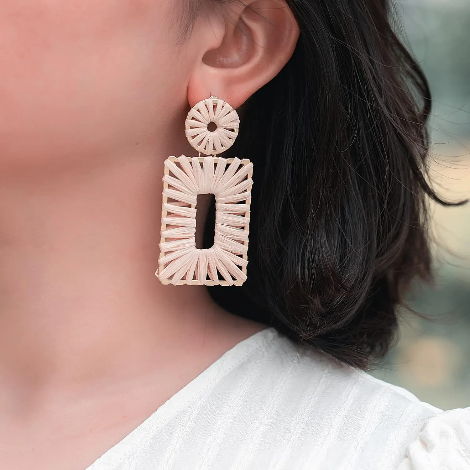 Statement Raffia Earrings Boho Square Drop Earrings Geometric Dangle Earrings for Women Gift Jewelry