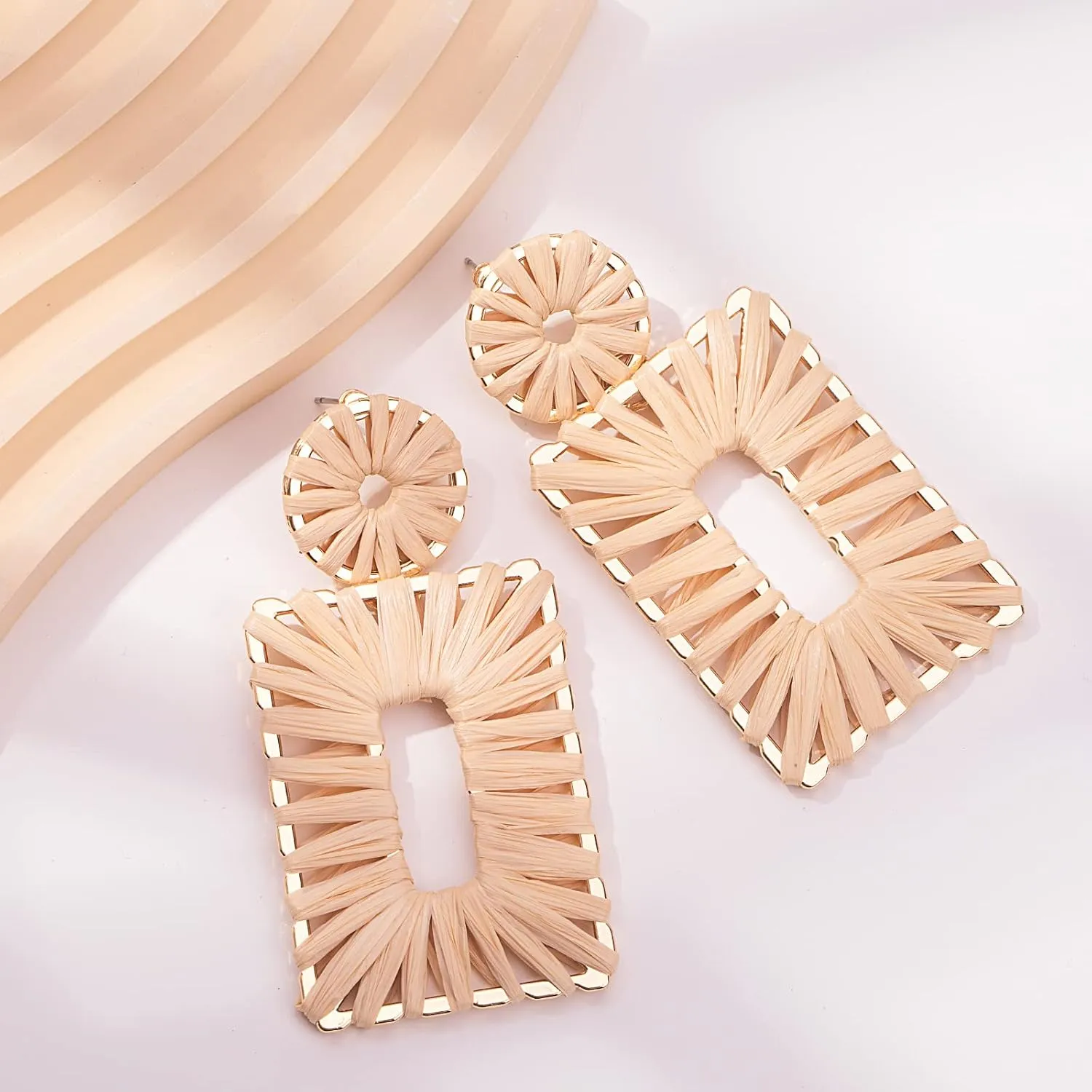 Statement Raffia Earrings Boho Square Drop Earrings Geometric Dangle Earrings for Women Gift Jewelry
