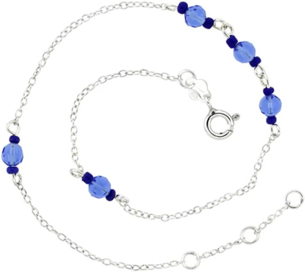 Sterling Silver Anklet Natural Faceted Blue Topaz & Glass Seed Beads, Adjustable 9-10 inch