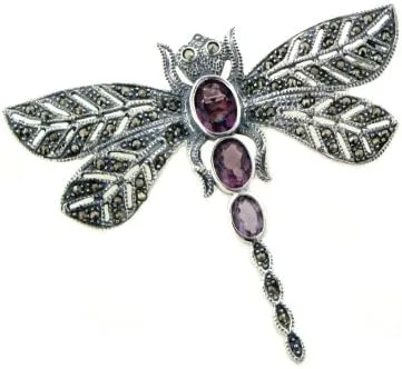 Sterling Silver Marcasite Dragonfly Pin Brooch w/Purple Glass
