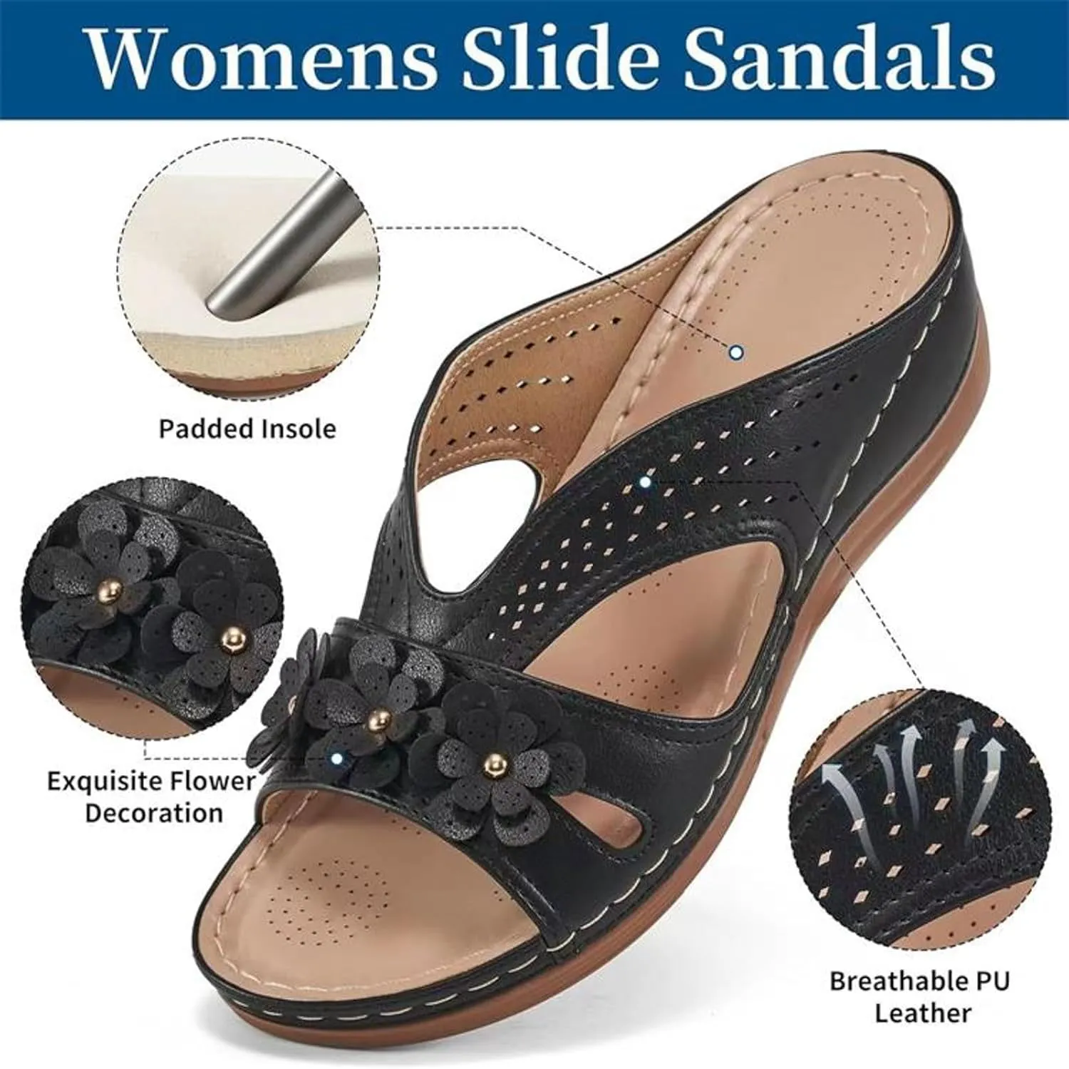 SuanlaTDS Orthopedic Sandals for Women 2025 Dressy Summer Comfortable Wedge Orthotic Walking Slippers with Arch Support Outdoor Flat Slip-on Beach Travel Boho Platform Low Heel Slide Sandal