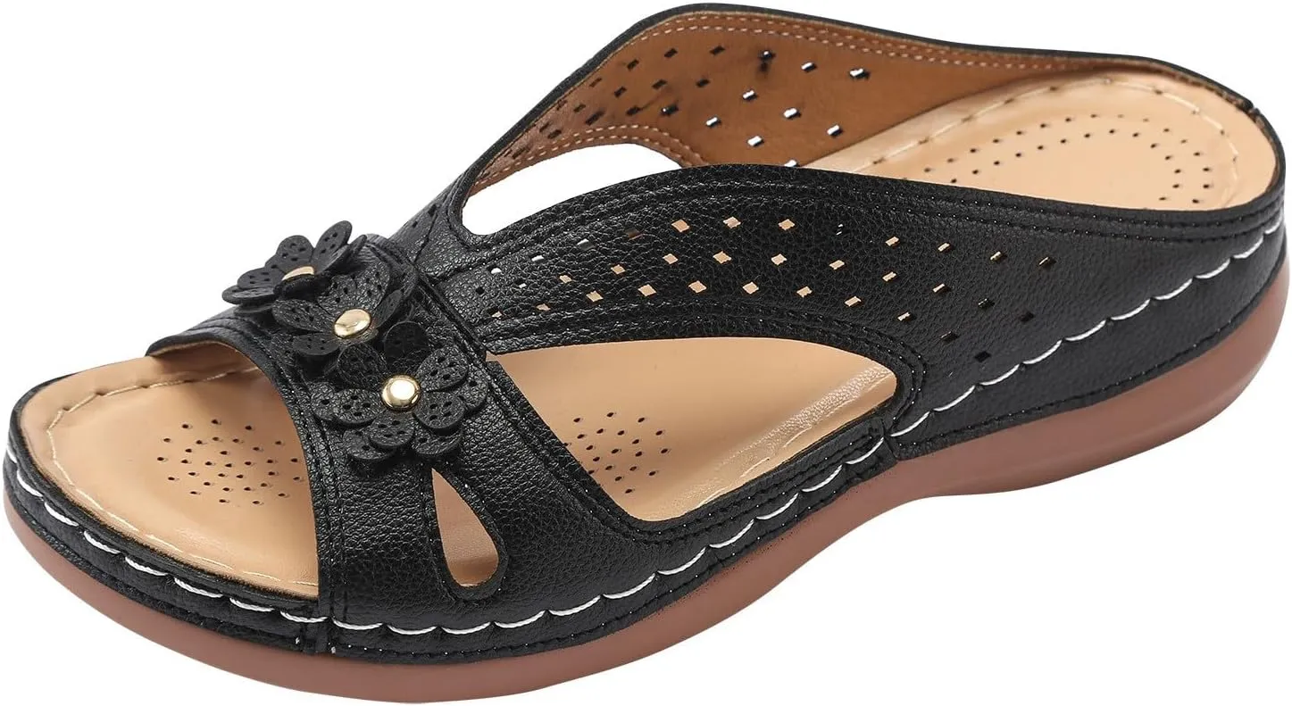 SuanlaTDS Orthopedic Sandals for Women 2025 Dressy Summer Comfortable Wedge Orthotic Walking Slippers with Arch Support Outdoor Flat Slip-on Beach Travel Boho Platform Low Heel Slide Sandal