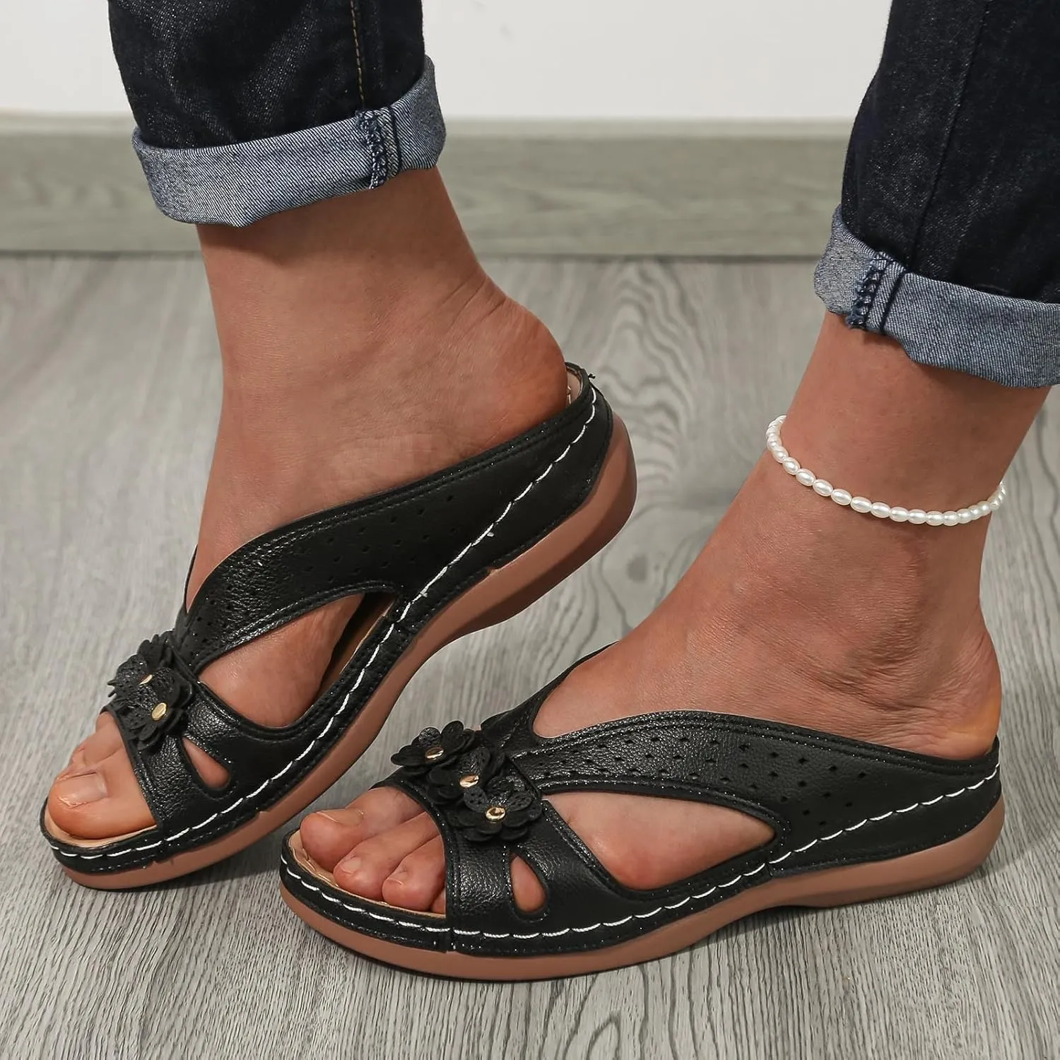 SuanlaTDS Orthopedic Sandals for Women 2025 Dressy Summer Comfortable Wedge Orthotic Walking Slippers with Arch Support Outdoor Flat Slip-on Beach Travel Boho Platform Low Heel Slide Sandal