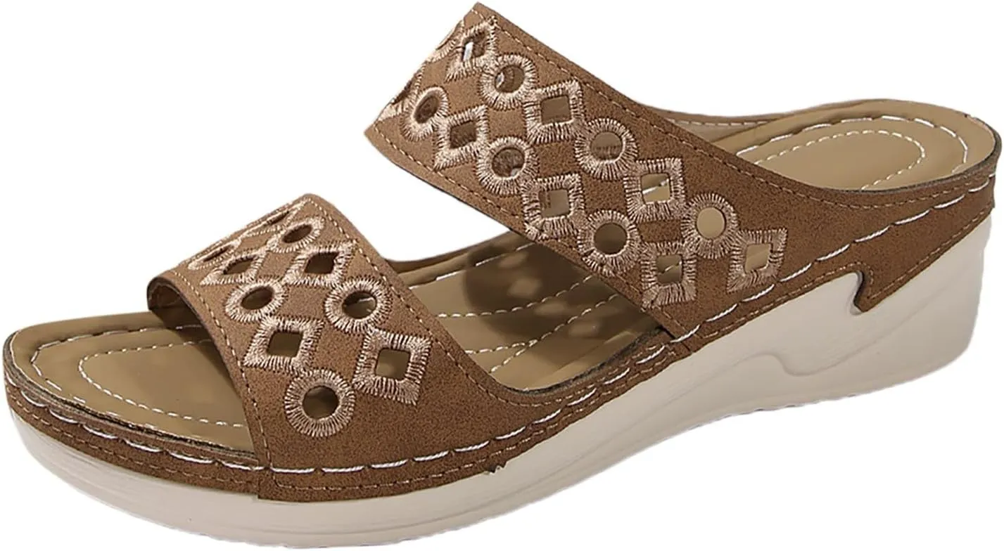SuanlaTDS Orthopedic Sandals for Women Comfortable Low Heels Platform Slip On Walking Shoes Arch Support Wide Width Open Toe Wedge Slides Dressy Summer Wedges Slide Sandal