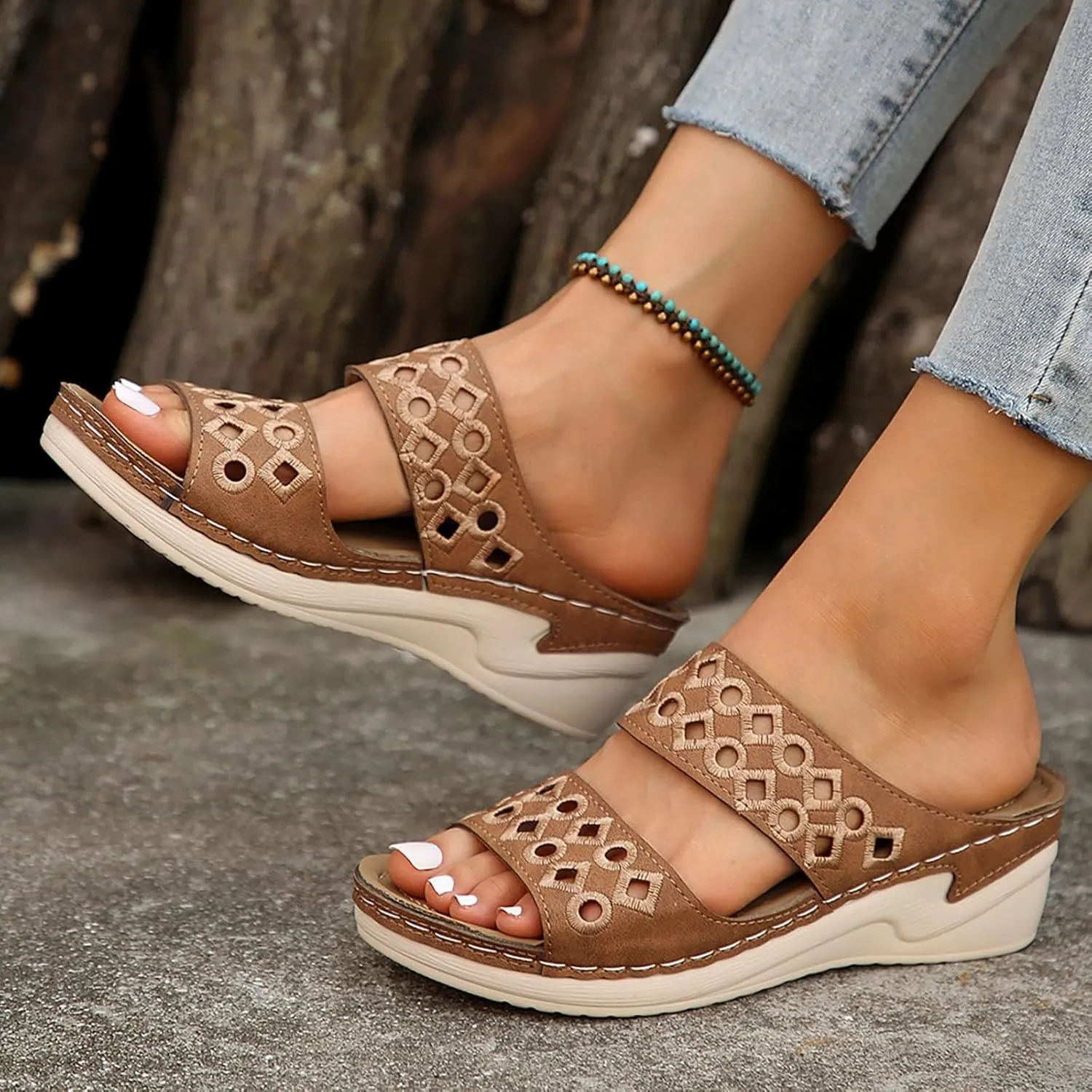 SuanlaTDS Orthopedic Sandals for Women Comfortable Low Heels Platform Slip On Walking Shoes Arch Support Wide Width Open Toe Wedge Slides Dressy Summer Wedges Slide Sandal